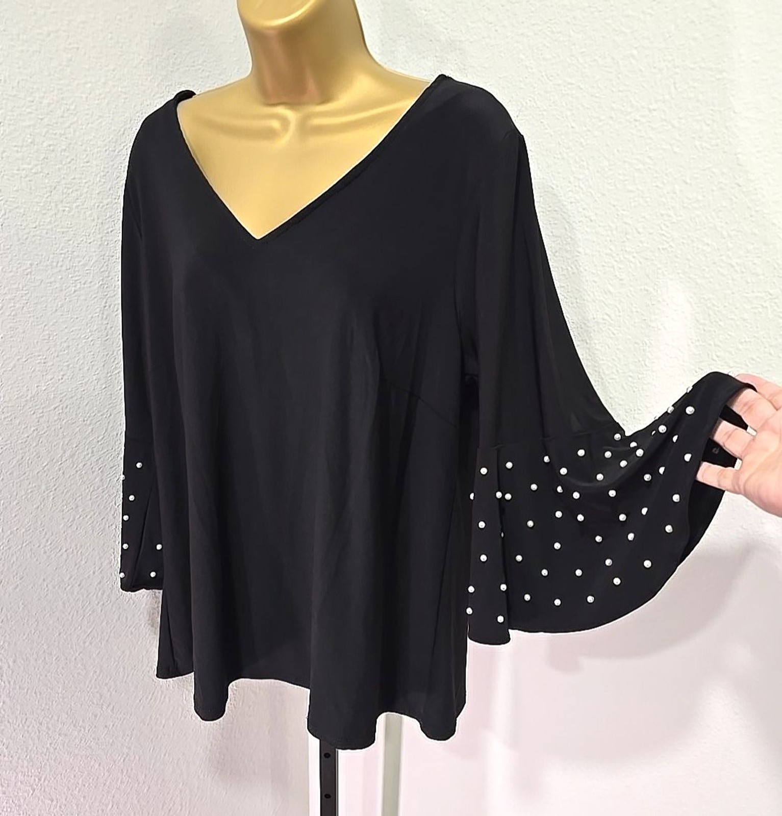 MSK Pearl Embellished Blouse Lge Black Silky Jersey Quiet Luxury Old Money Party
