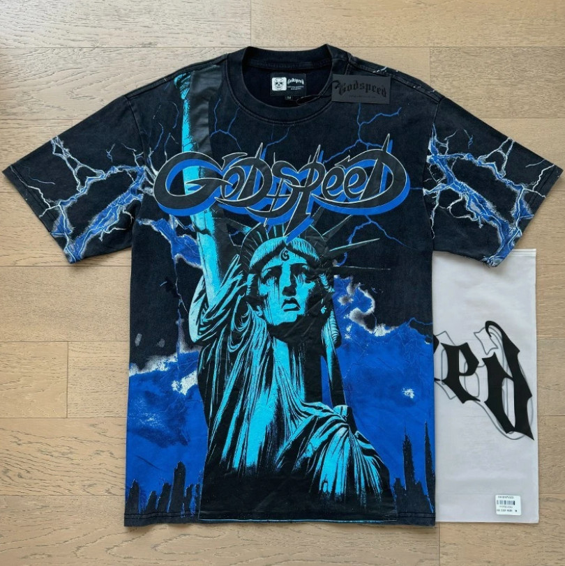 NEW Godspeed Rock Statue of Liberty Tee Washed Mens Short Sleeve Black T-shirt