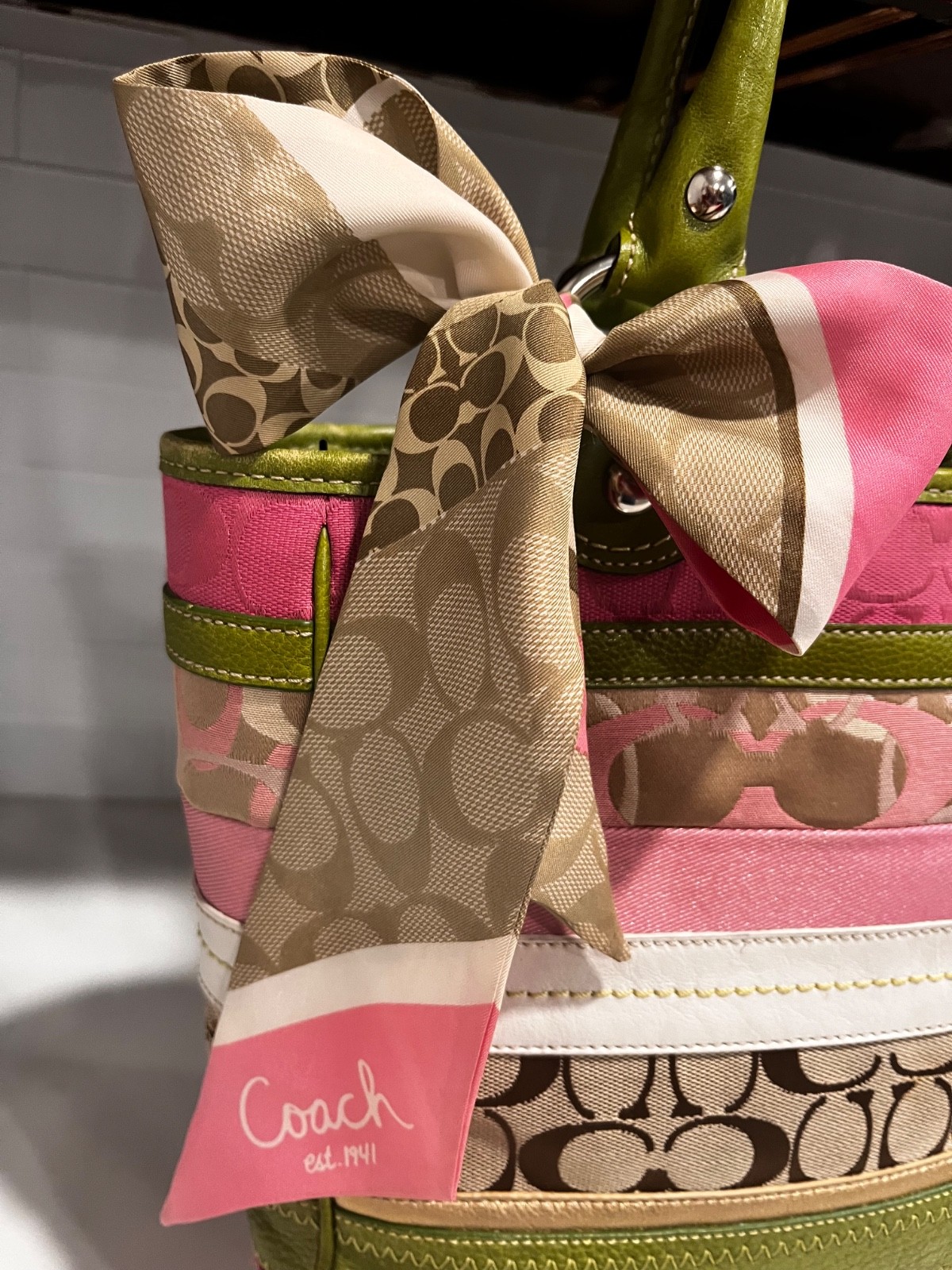 Coach Vintage Bleecker Patchwork Stripe Large Tote Shoulder Bag Pink Green Y2K
