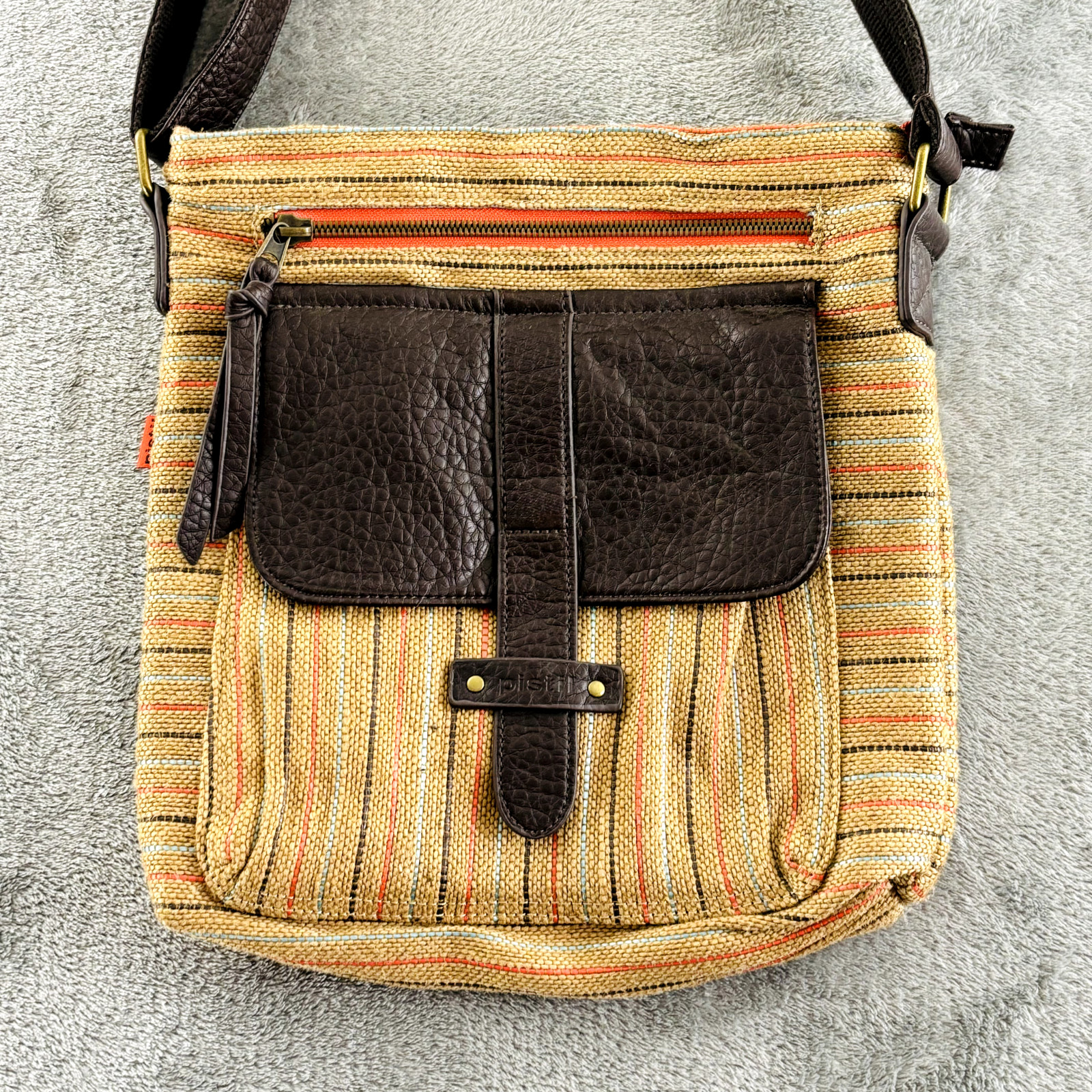 Pistil Gotta Run Bag Brown Burlap Stripe Crossbody Purse Adjustable Strap Zipper