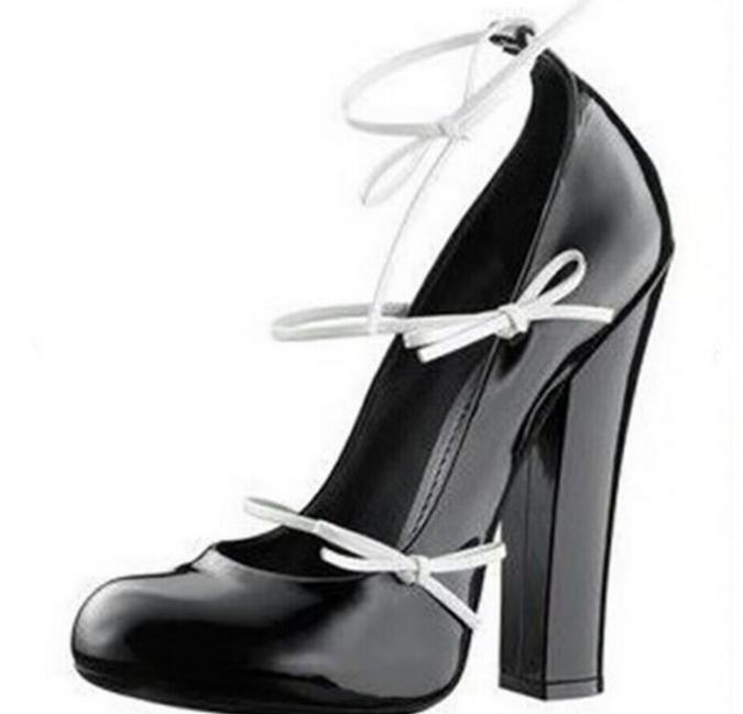 Women’s Bandage 12CM Chunky Heel Shoes Round Bowknot Toe Lace Up Splicing Chic
