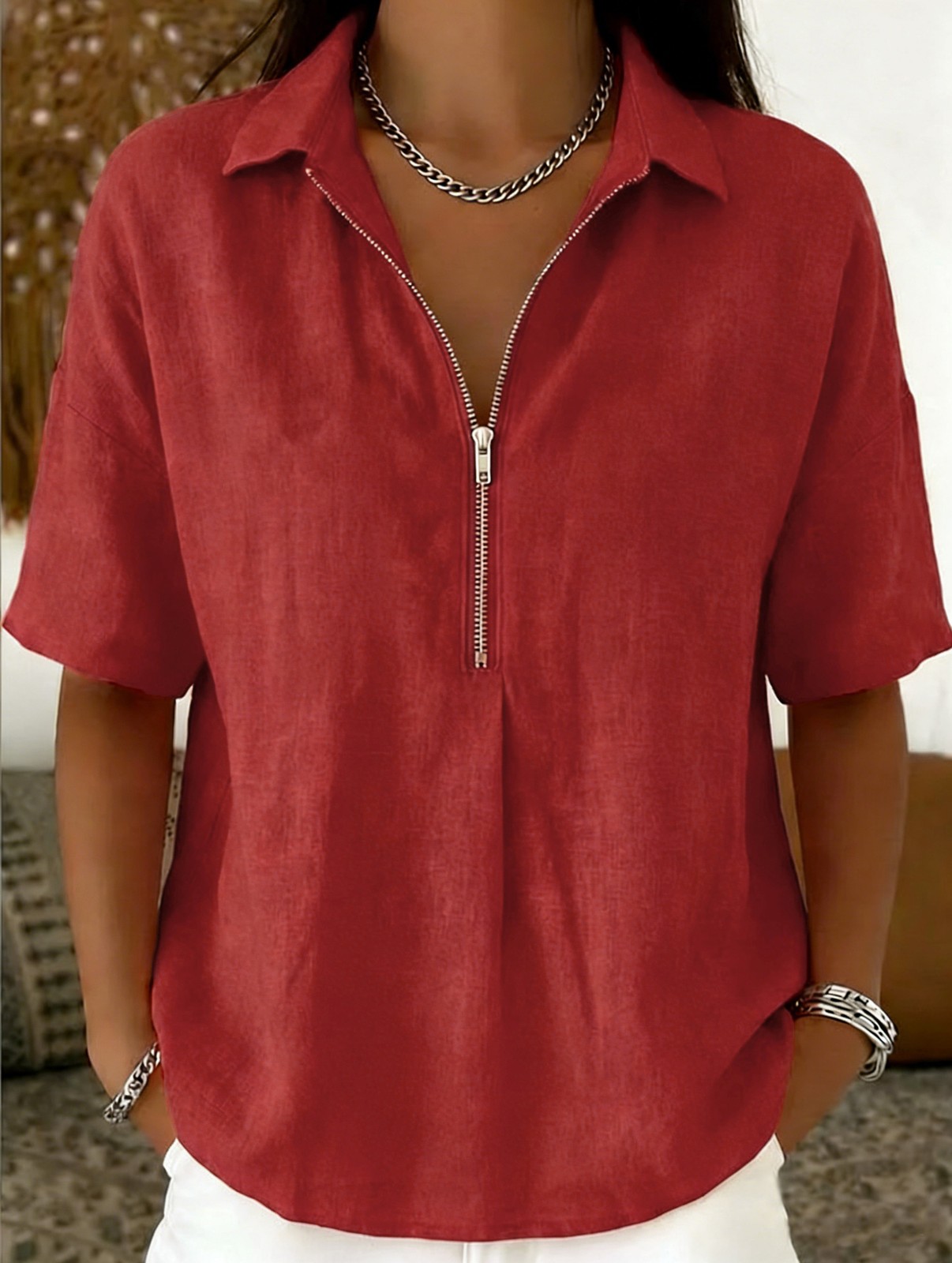 NEW Womens Fashion Solid-color Zip-up Short-sleeve T-shirt Sizes S-3XL