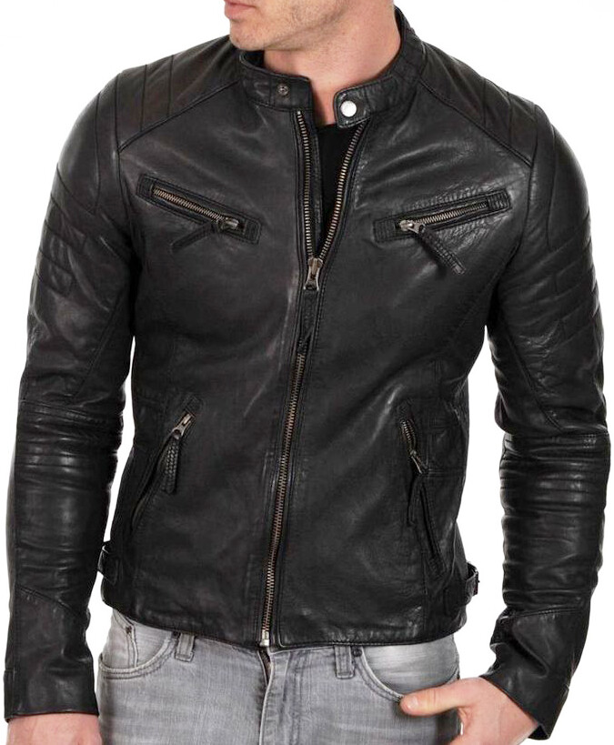 Cafe Racer Leather Jacket Soft Real Sheep Napa Leather Biker Style