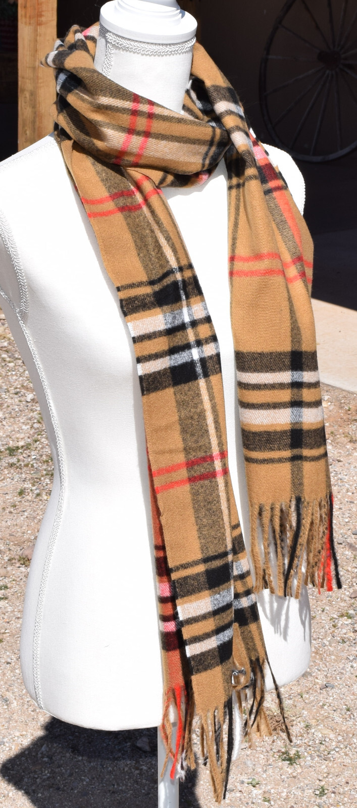 Unisex Nova Plaid Cashmere Scarf Tan Black Orange White 13” X 72” From Scotland