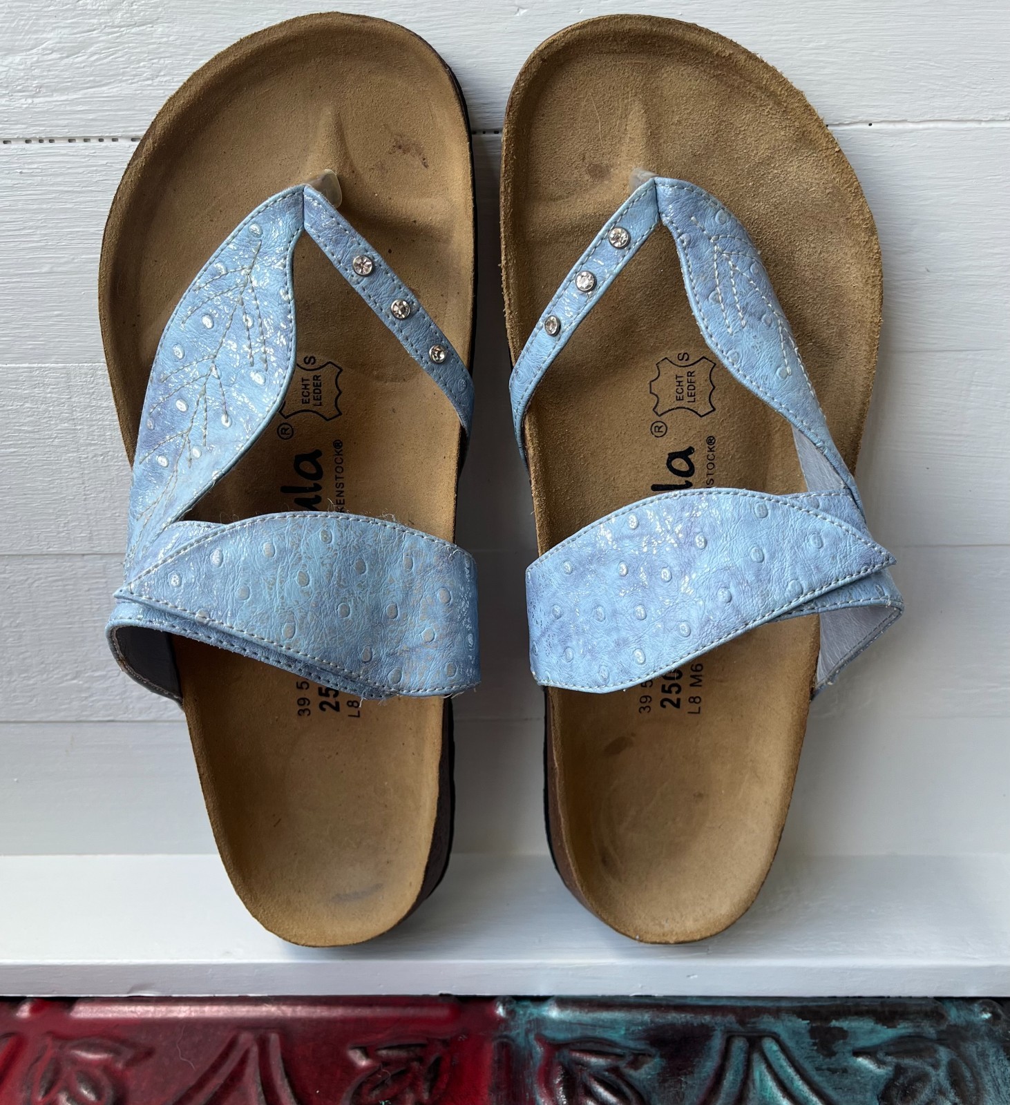 Betula Birkenstock Bombay Leaf Sandal Womens 8 EU 39 Blue Leather Birko Flor
