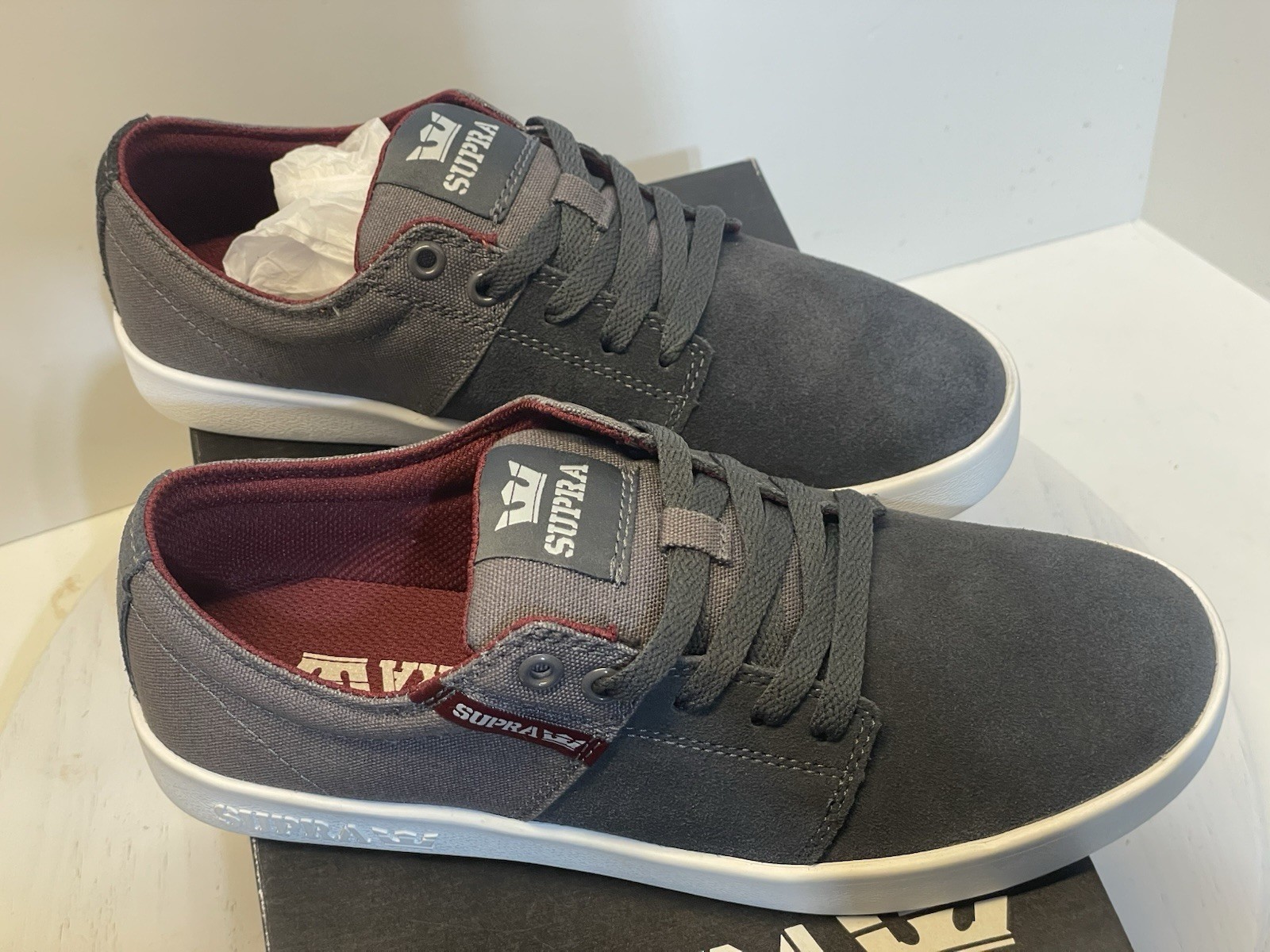 New! SUPRA Stacks 2 Magnet Gray/Port-White Skate Shoes Woman’s Sz US9.5/Mens7.5!