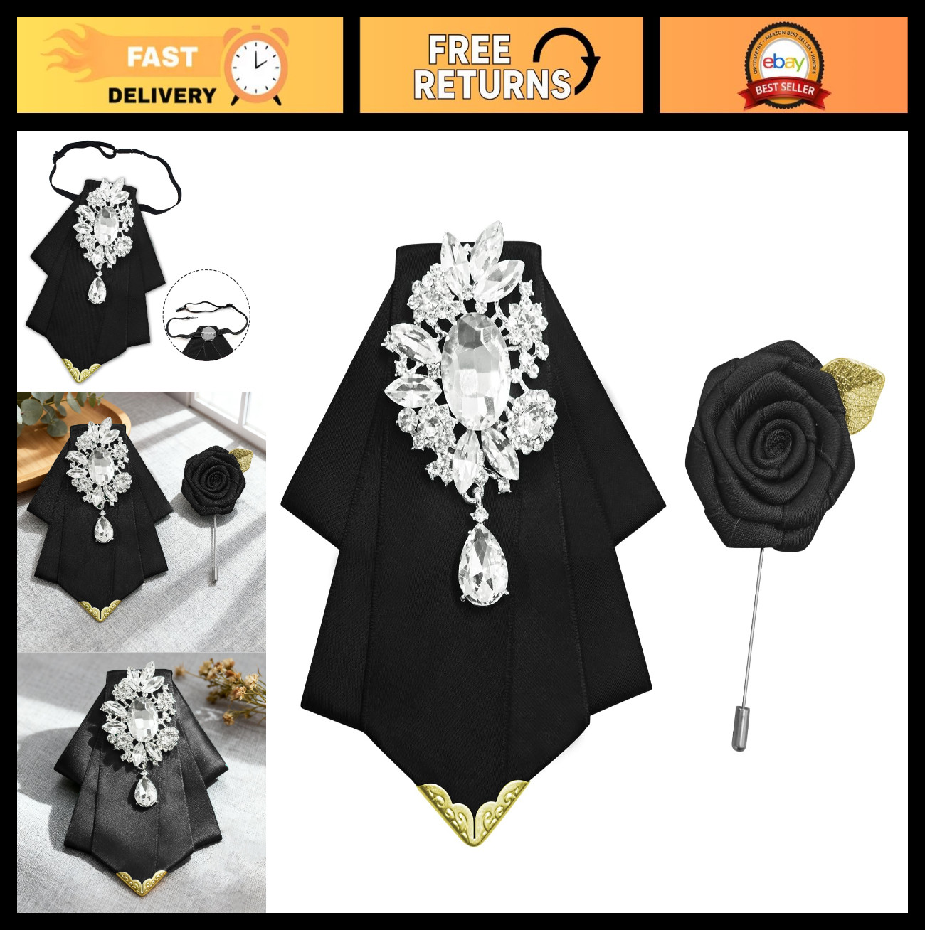 Rhinestone Bow Ties for Men & Women – Solid Bowtie with Brooch for Tuxedo, Weddi