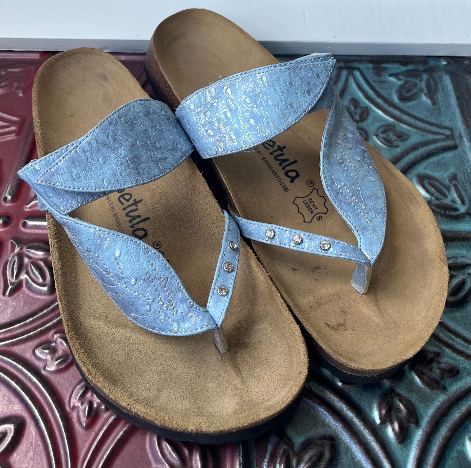 Betula Birkenstock Bombay Leaf Sandal Womens 8 EU 39 Blue Leather Birko Flor
