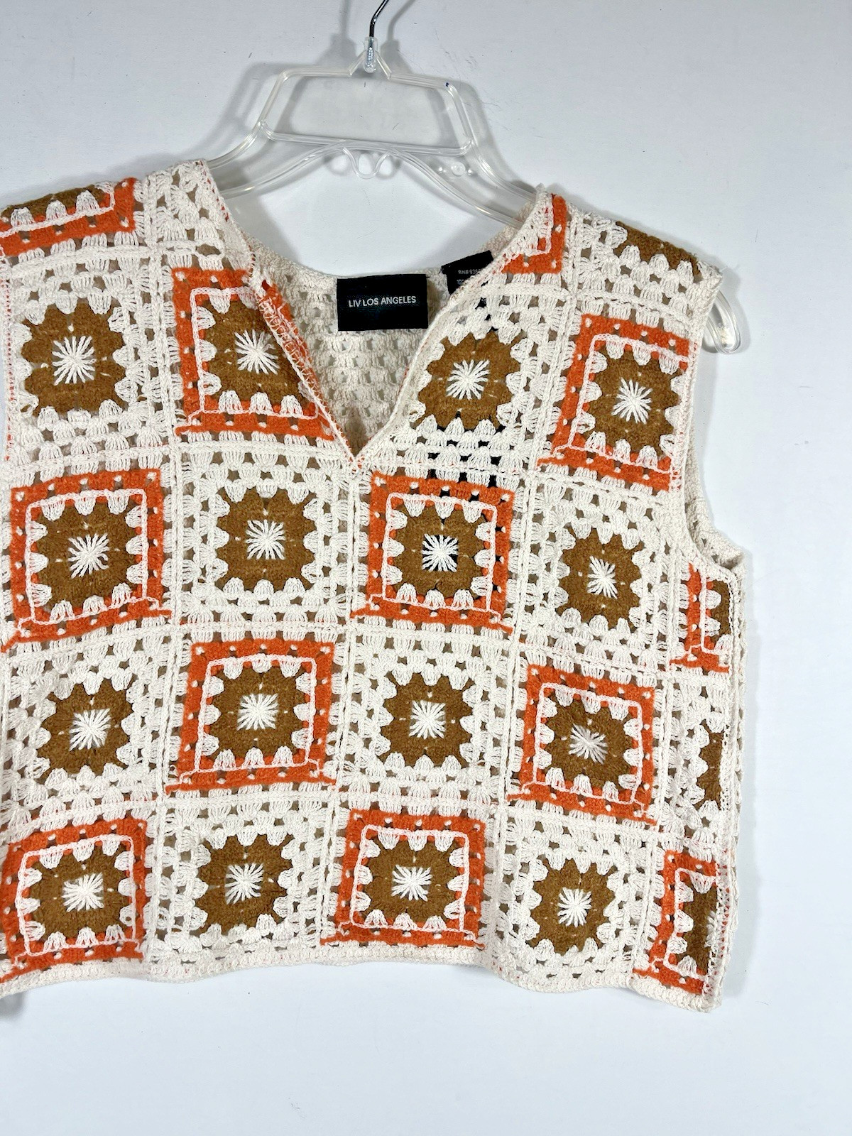 Liv Los Angeles Granny Square Crochet Afghan Crop Top Large Festival Boho NEW