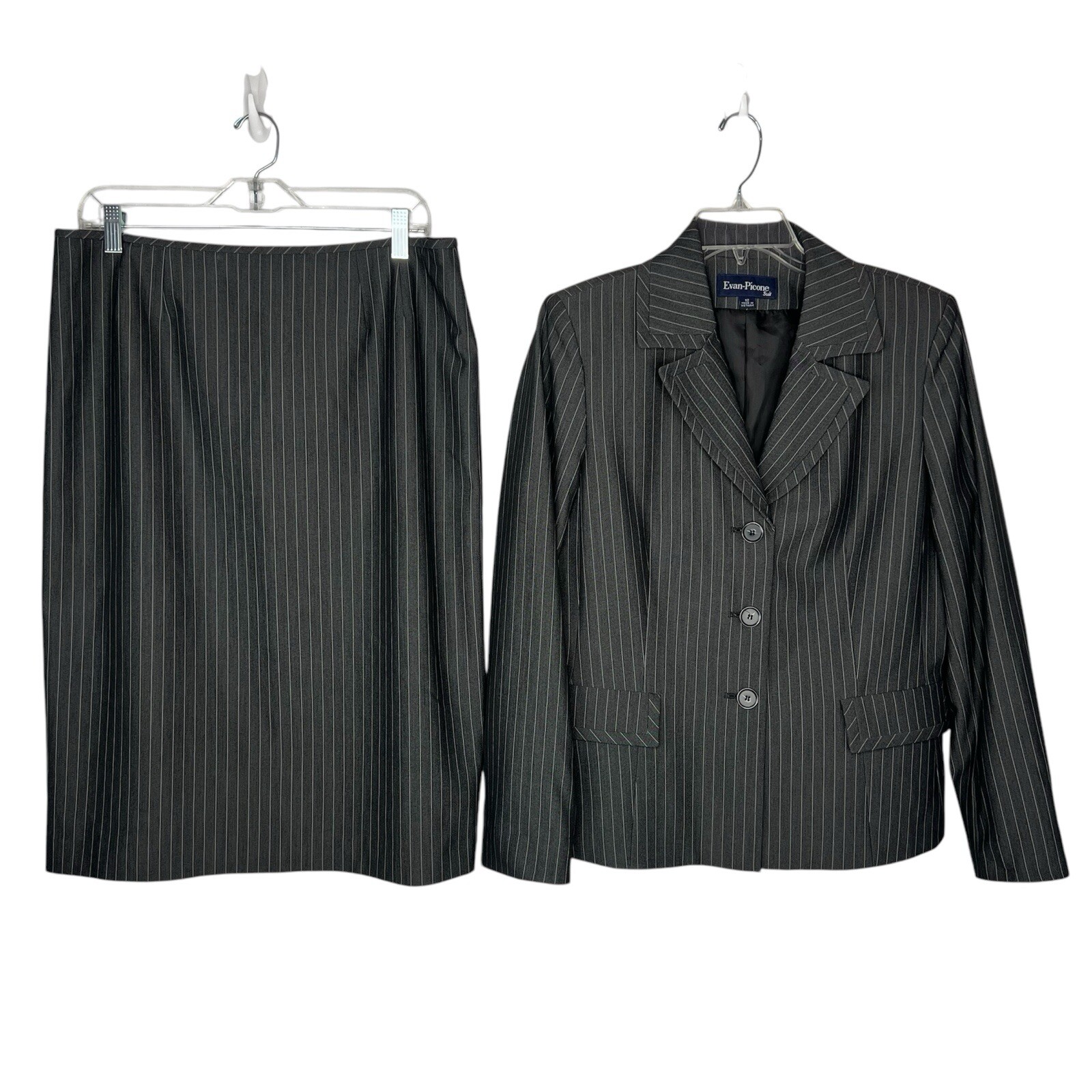 Evan Picone Polyester Rayon Stretch Skirt Suit 12 Charcoal Striped Business 2PC