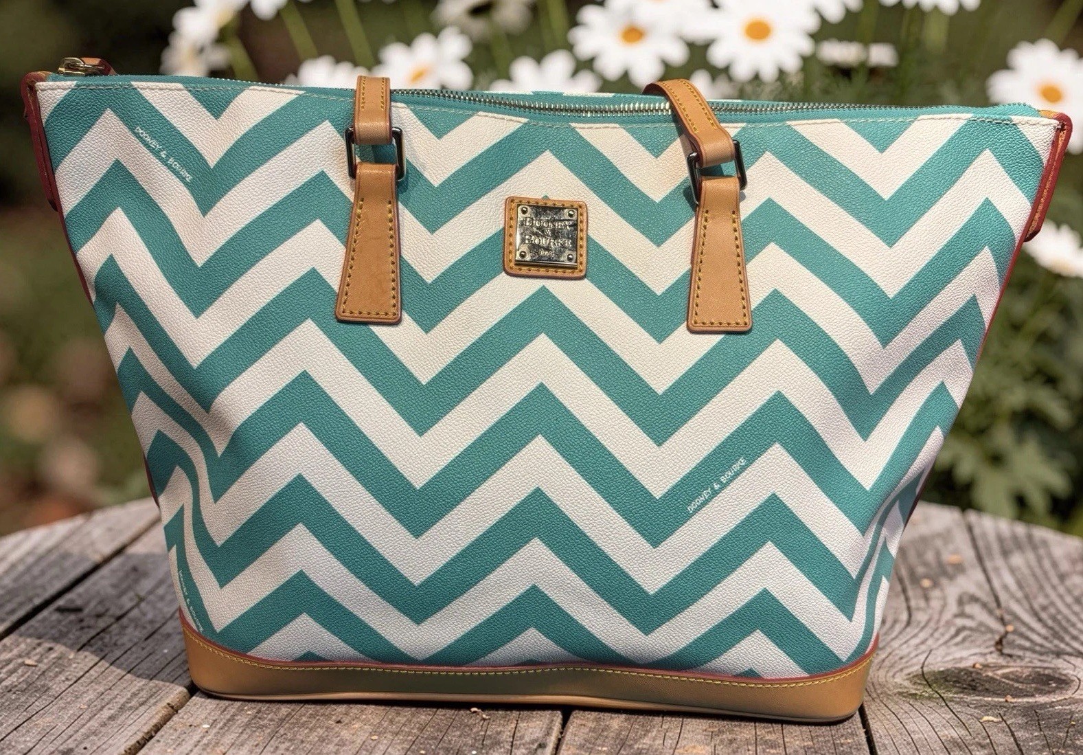 Dooney Bourke Turquoise Spearmint Green Chevron Large Shopper Tote Shoulder Bag