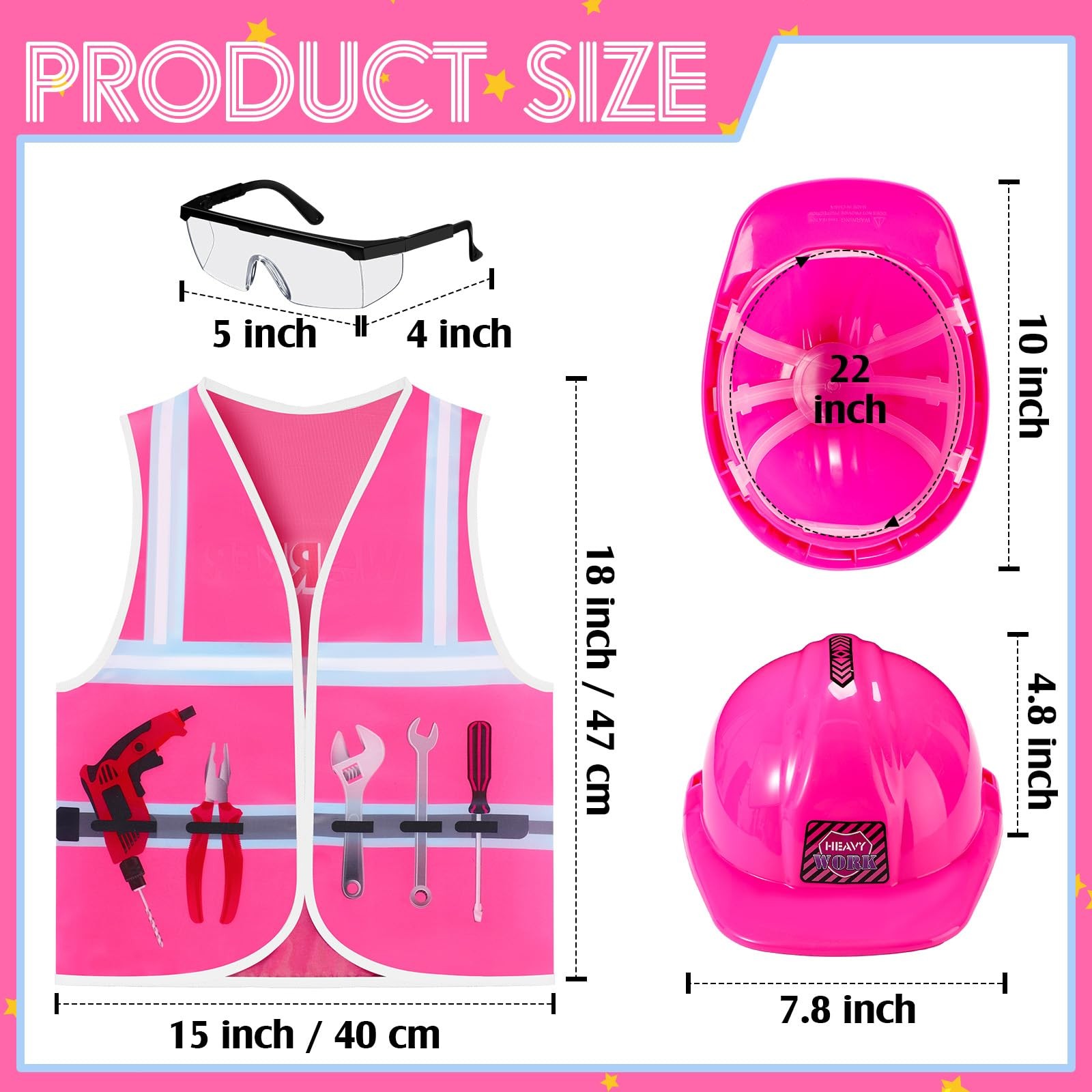 Kids Construction Worker Costume Set Hard Hat Vest Goggles Dress Up Outfit