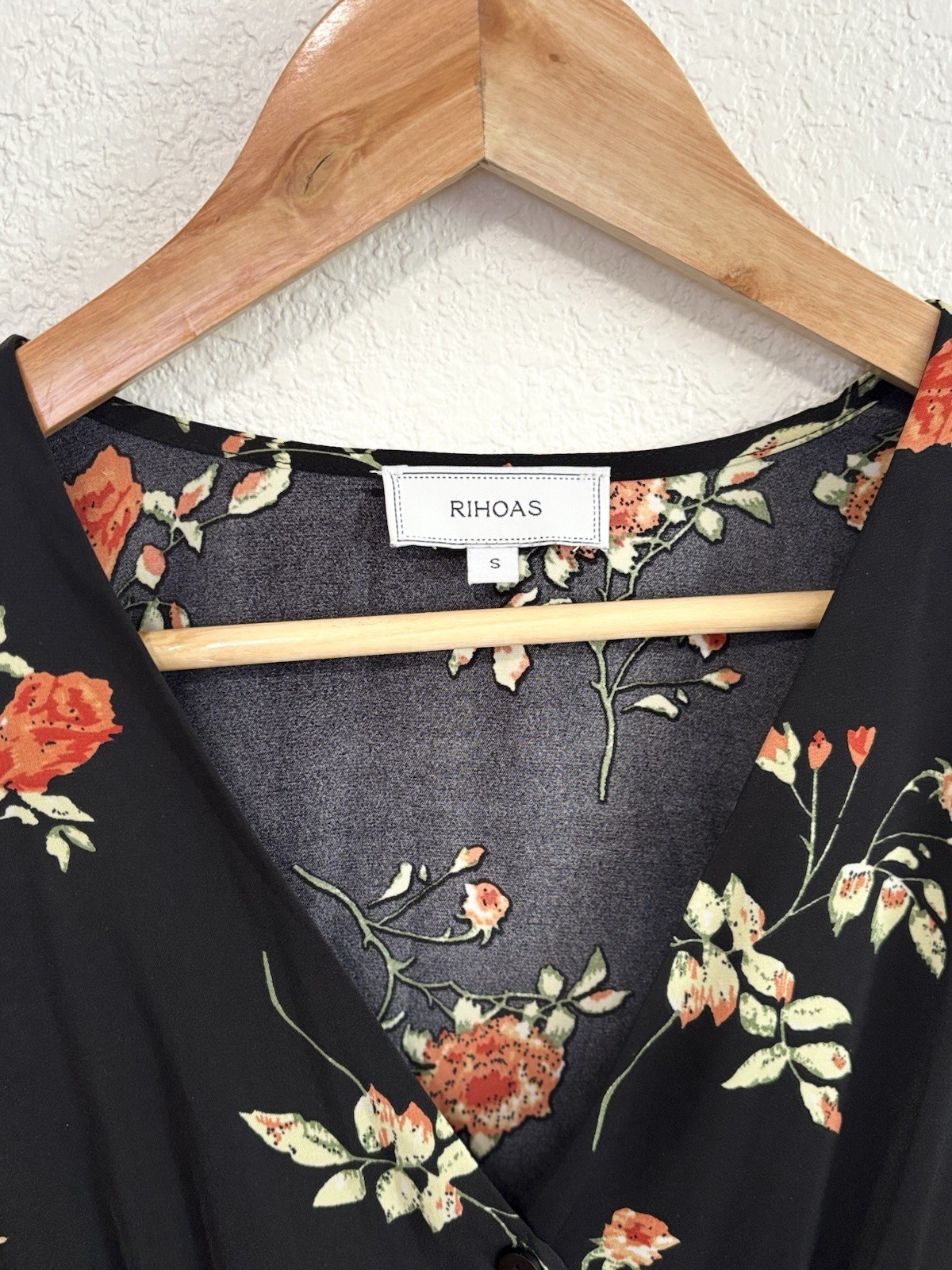 RIHOAS Black Floral Midi Dress Small Cottagecore Button Front Short Sleeve