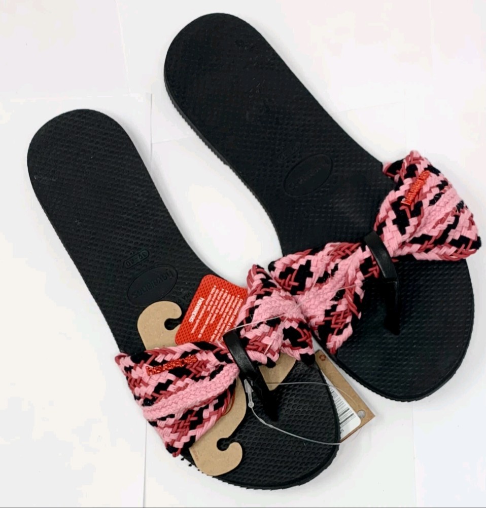 Original HAVAIANAS Womens You St Tropez Mesh Flip Flops Black Pink Bow Size 6