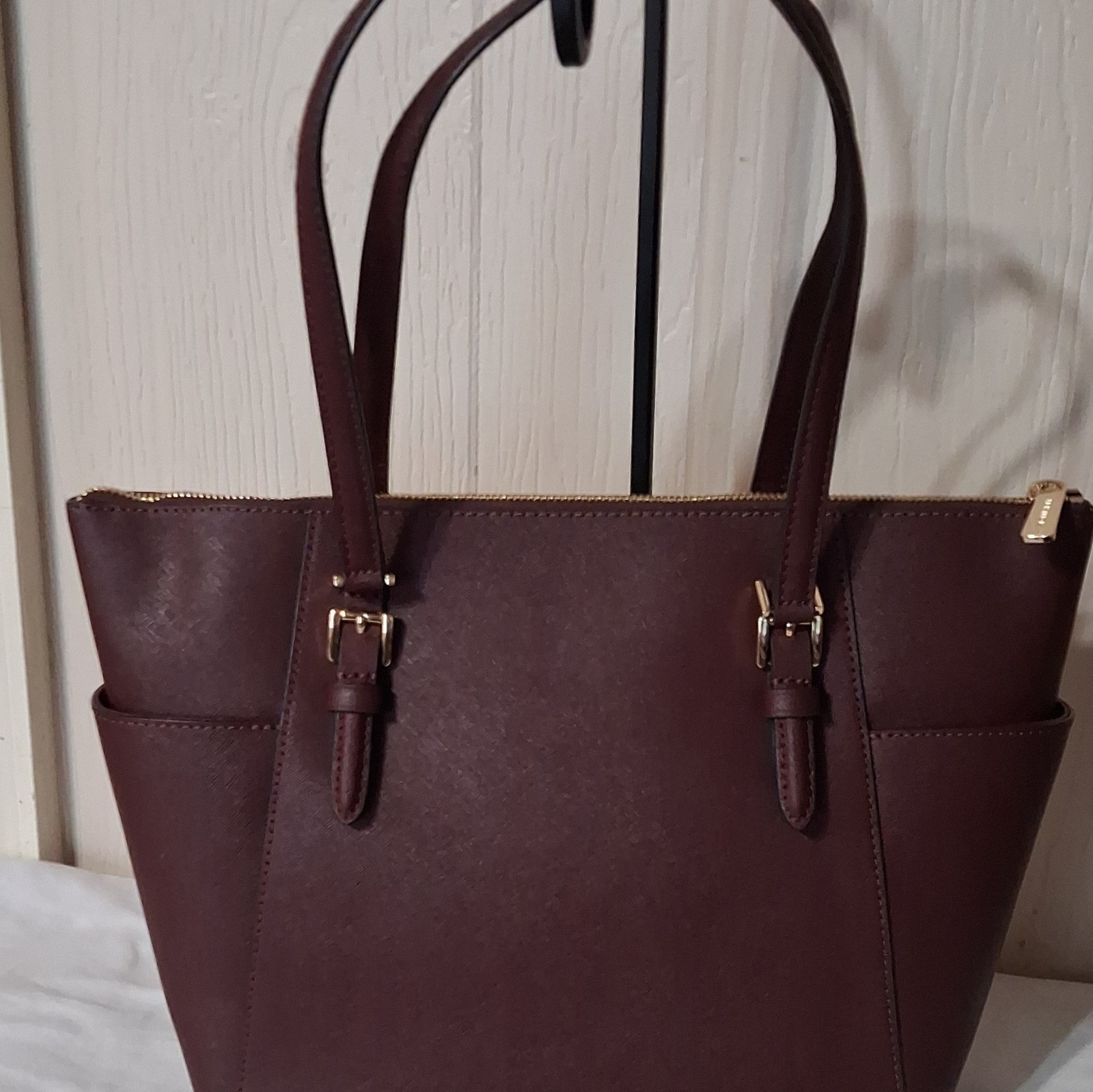 Michael Kors Burgundy Charlotte Large Tote Bag Zip Top Gold Hardware Charm