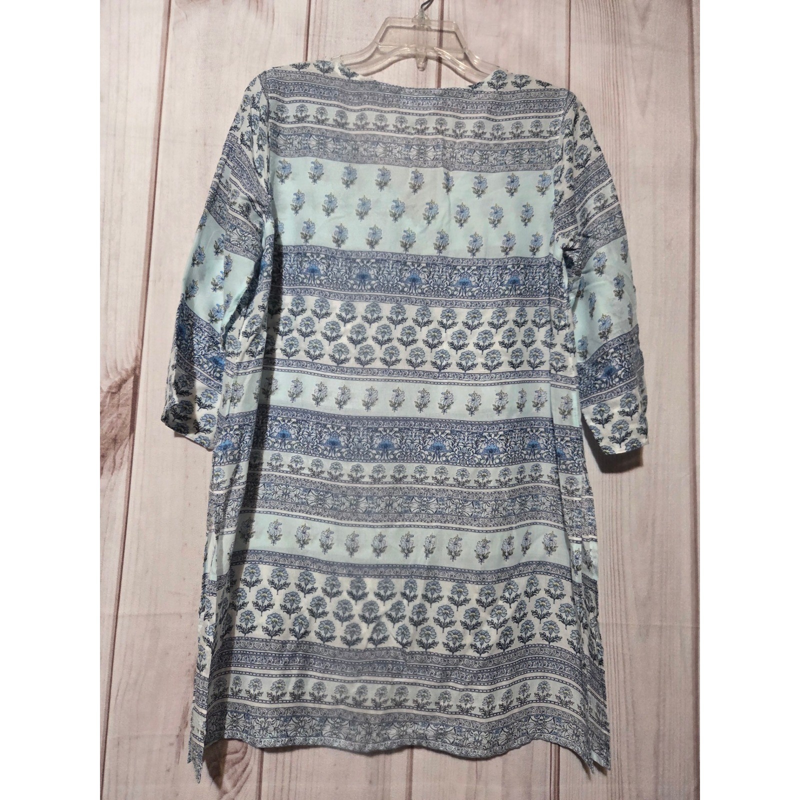 J. Jill Blue Floral Tencel Lyocell Tunic Petite Small Sheer Tassel Tie V-Neck