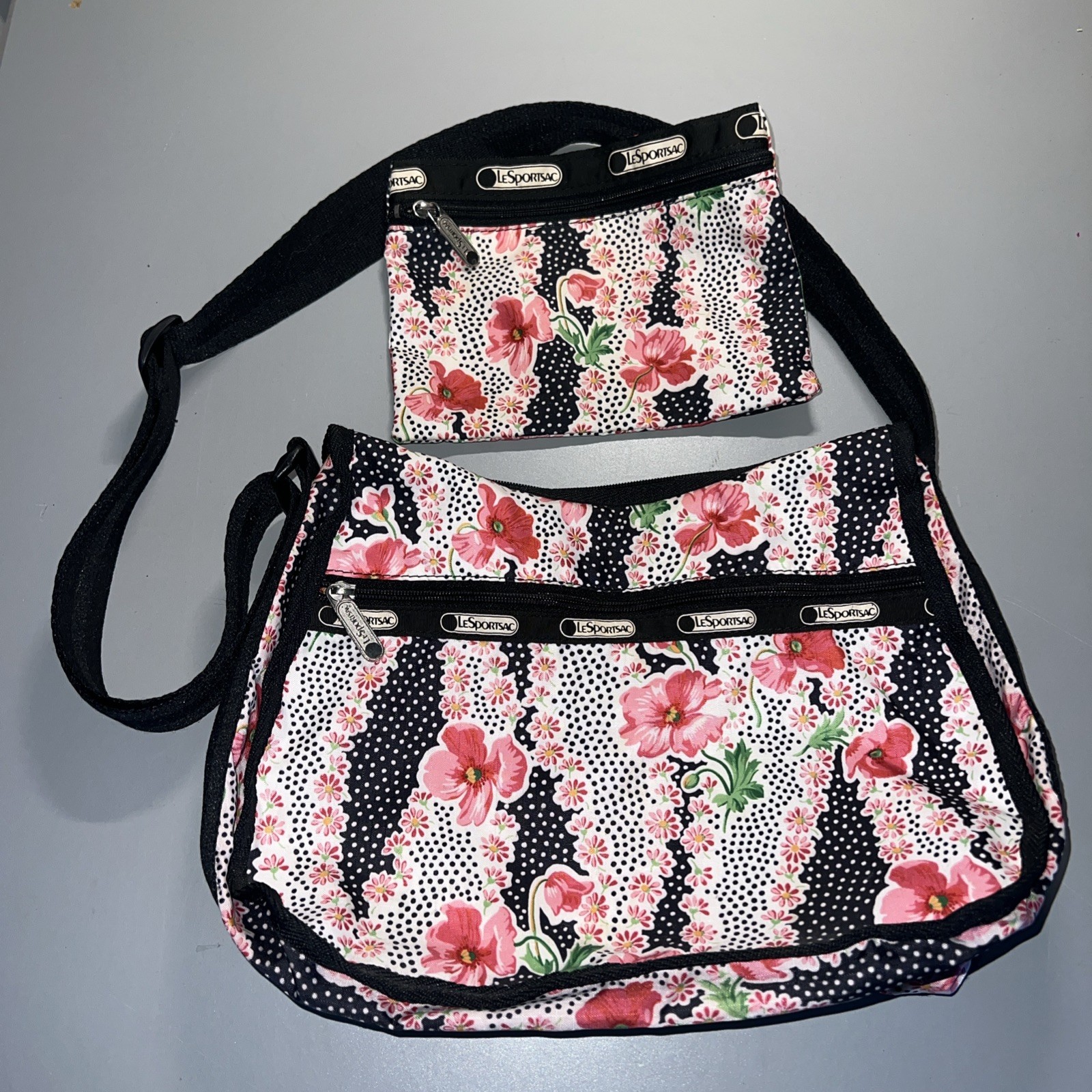 LeSportsac handbag + pouch Pink flowers & polka dots Canvas 9 x 11 x 5 Inches