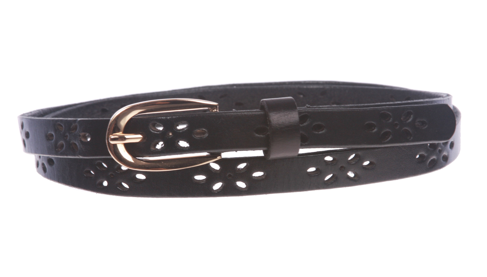 Skinny Perforated Floral Hollow Out One Piece Cowhide Full Grain Leather Bel