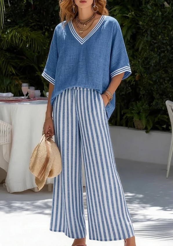 Women V Neck 2 Piece Set Striped Wide Leg Pants Summer Loungewear