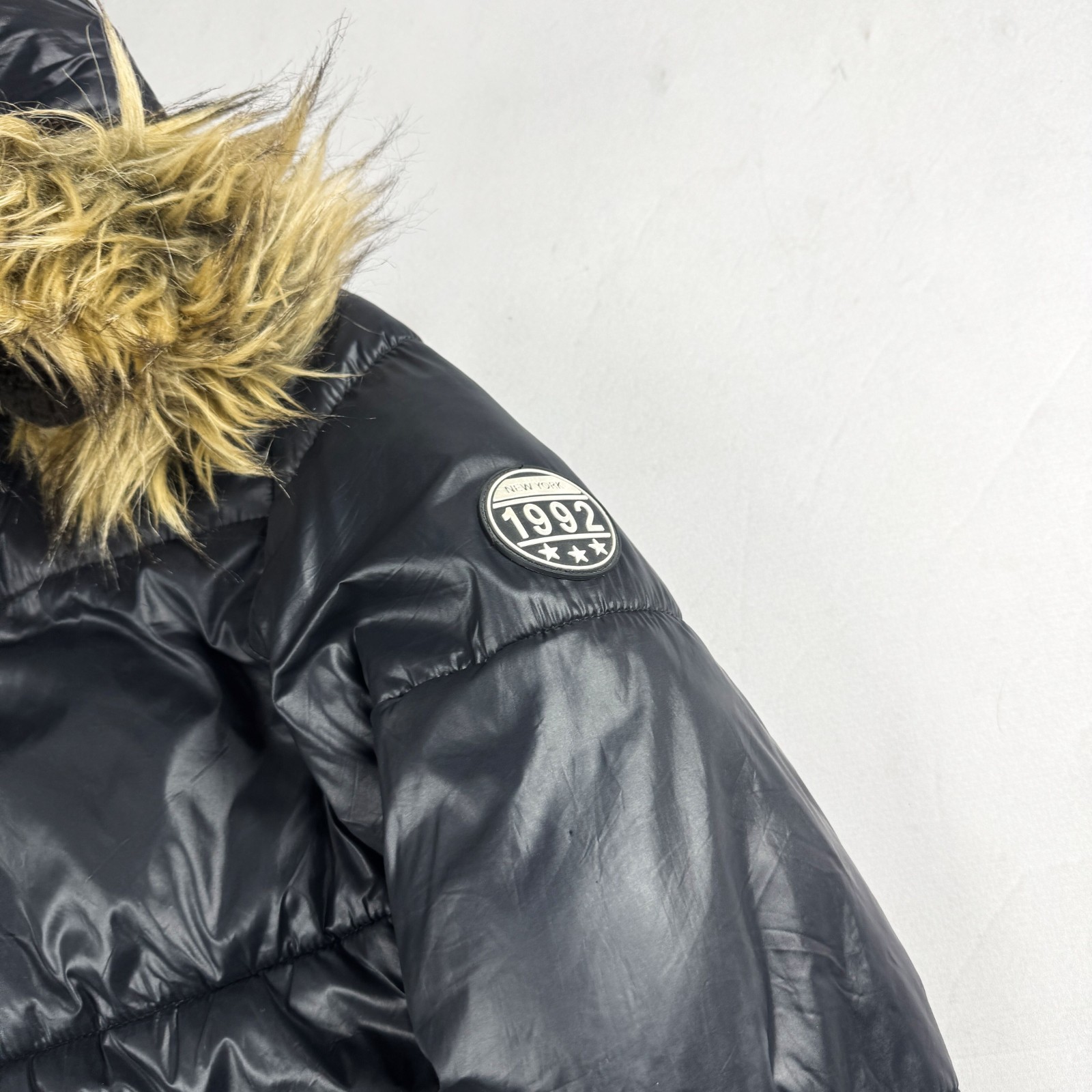 Mens Vintage Blue Puffer Jacket Faux Fur Hood Winter Bubble Coat Y2K Streetwear