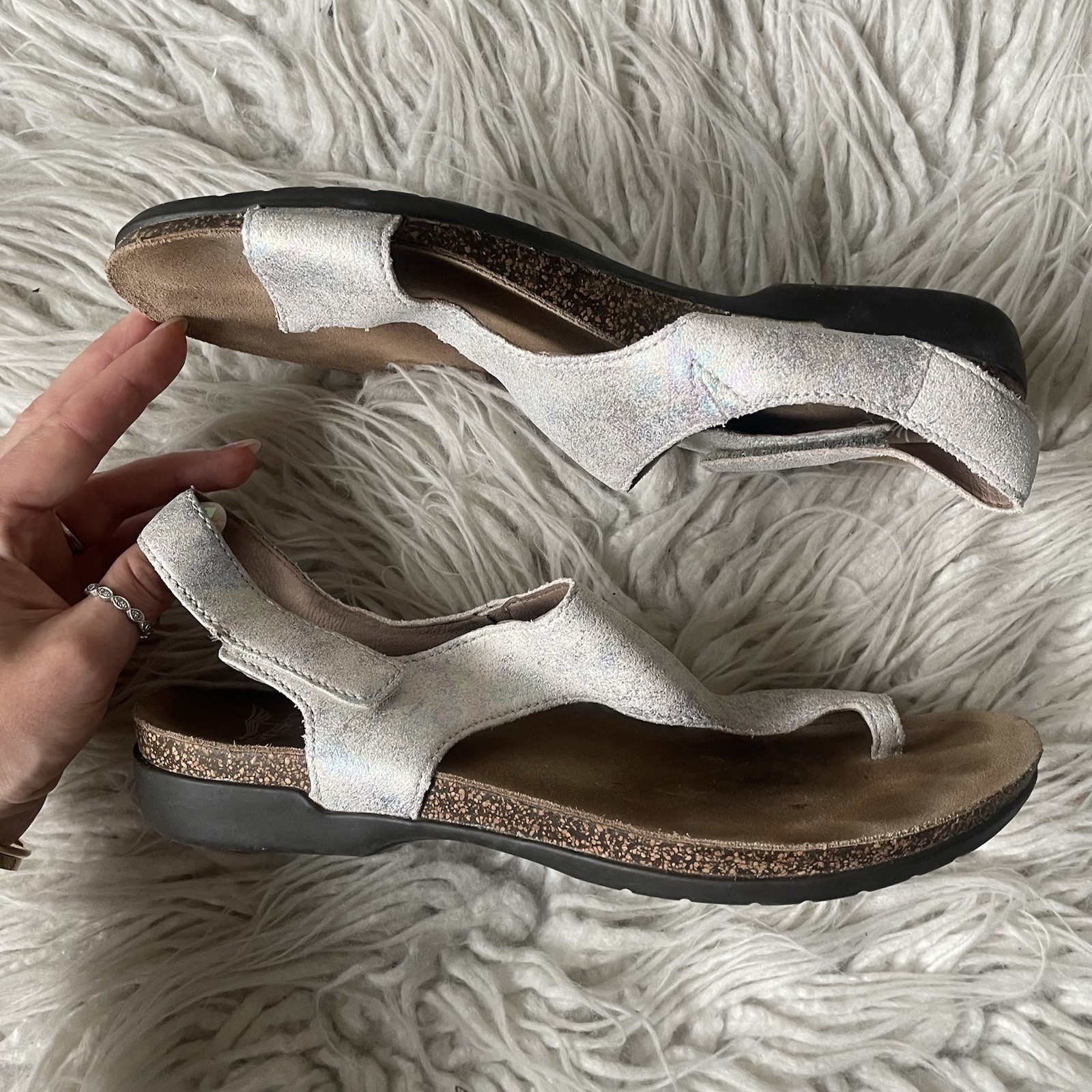 Dansko Reece Pearl Petrol Multicolor Leather Toe Loop Slingback Sandals EUC 39
