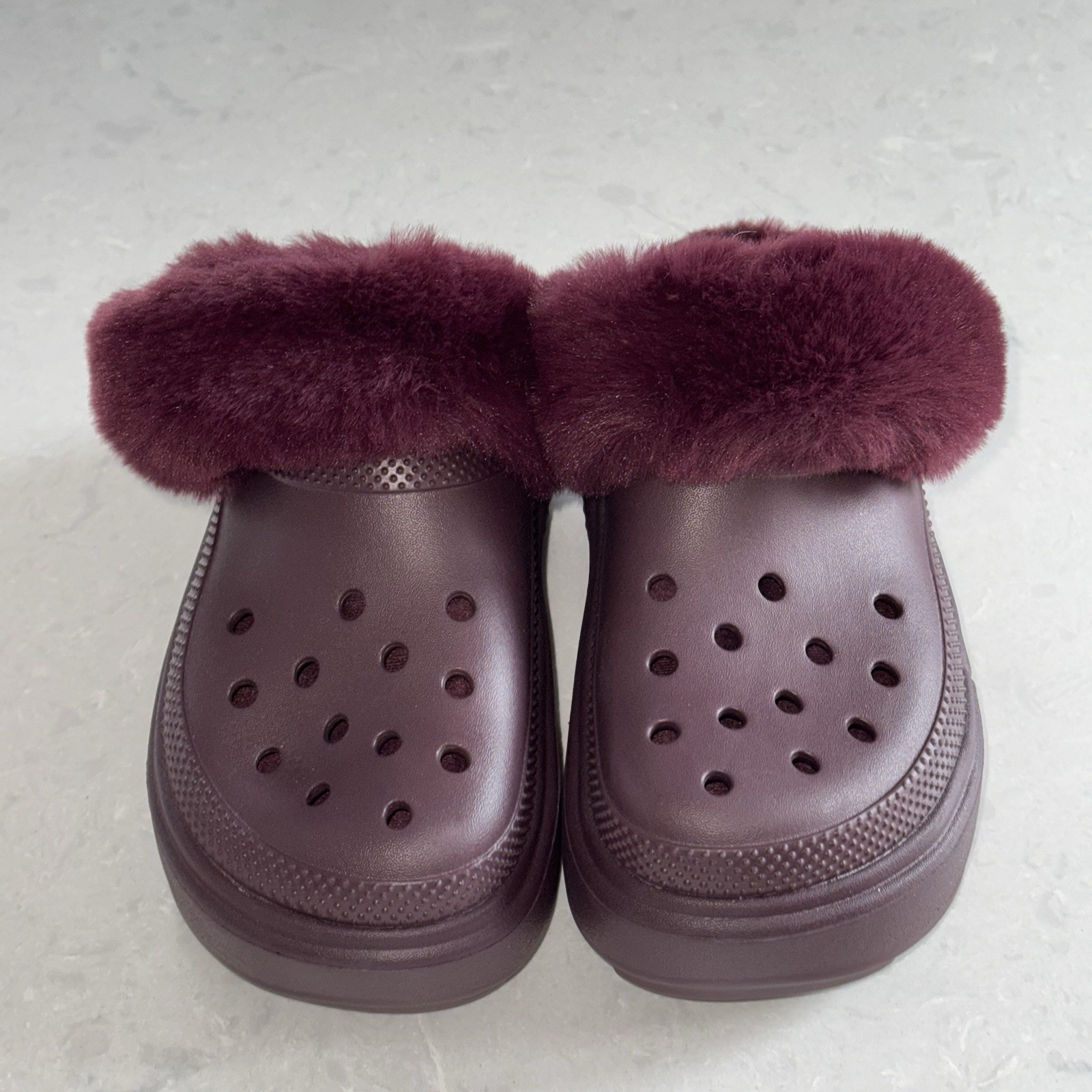 Womens Crocs Lined Stomp Dark Cherry Red Faux Fur Platform Clogs Shoes Size 9 M