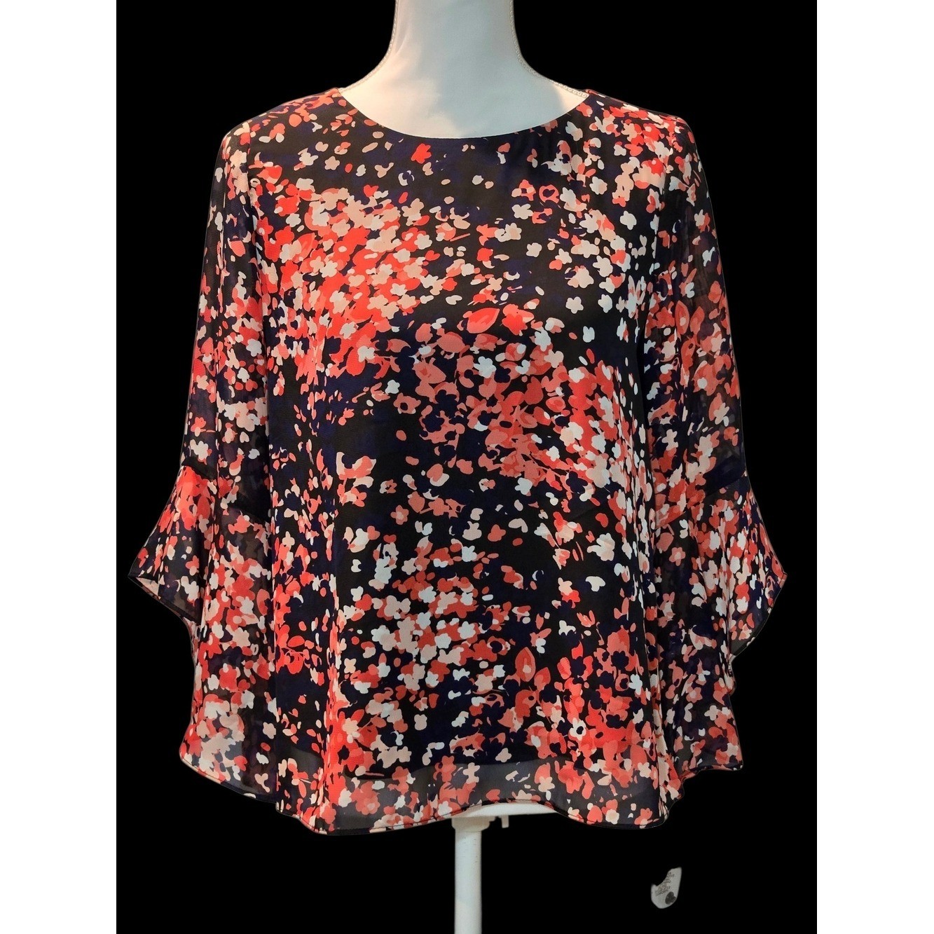 Kasper Black Blouse with Coral, Navy, and Cream Floral Print