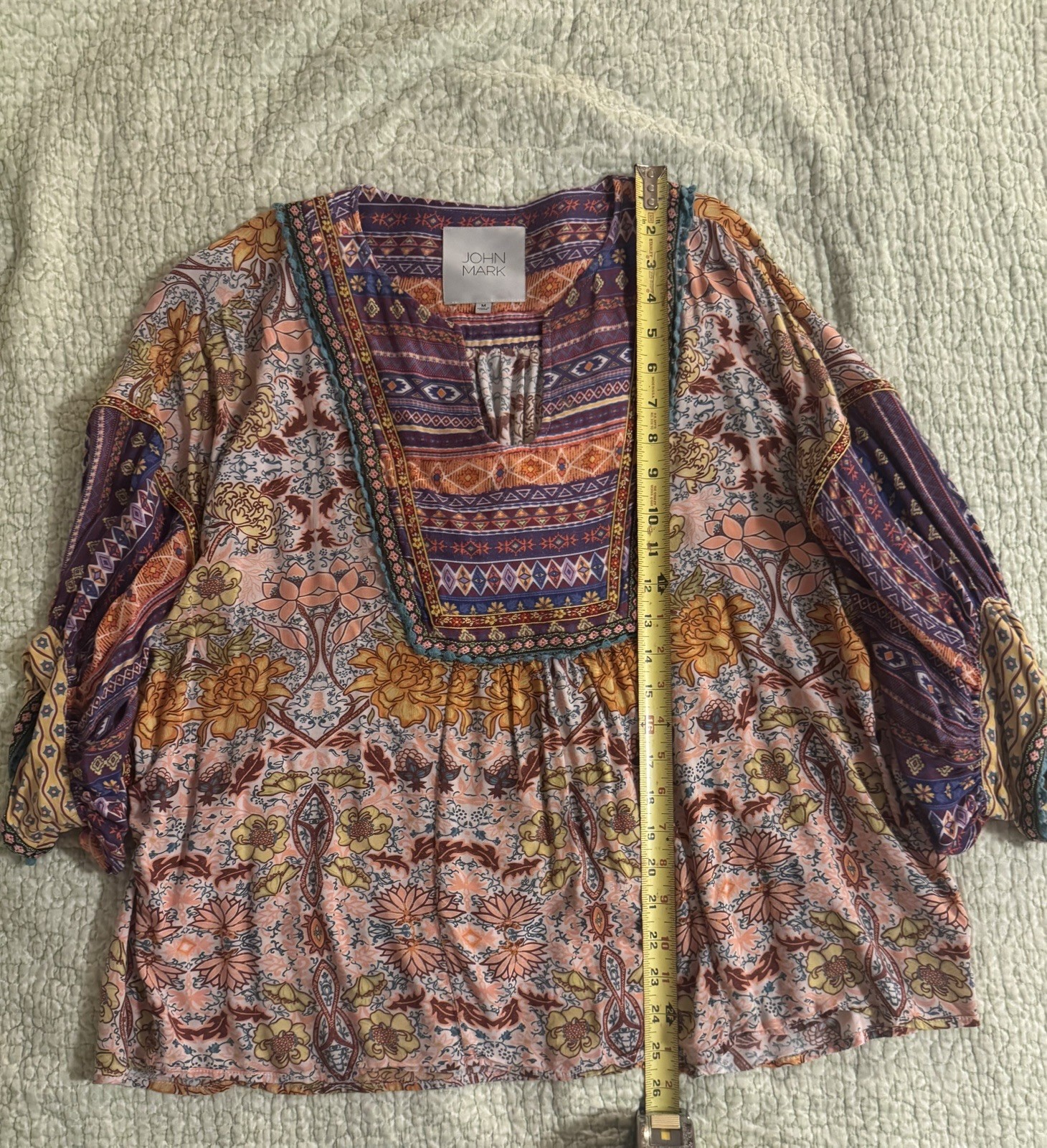 John Mark Tunic Top Womens M Embroidered Floral Boho Peasant