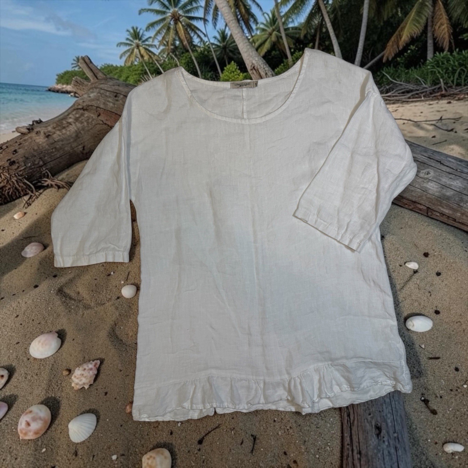 100% Linen Top White Scoop-Neck Short Half Sleeve M Euro Summer Lungo L’Arno