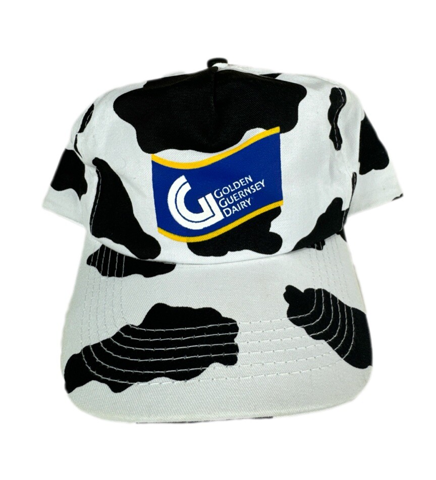 Vtg Golden Guernsey Dairy Cow Pattern Snapback Hat Black White Spotted Cap Y2K