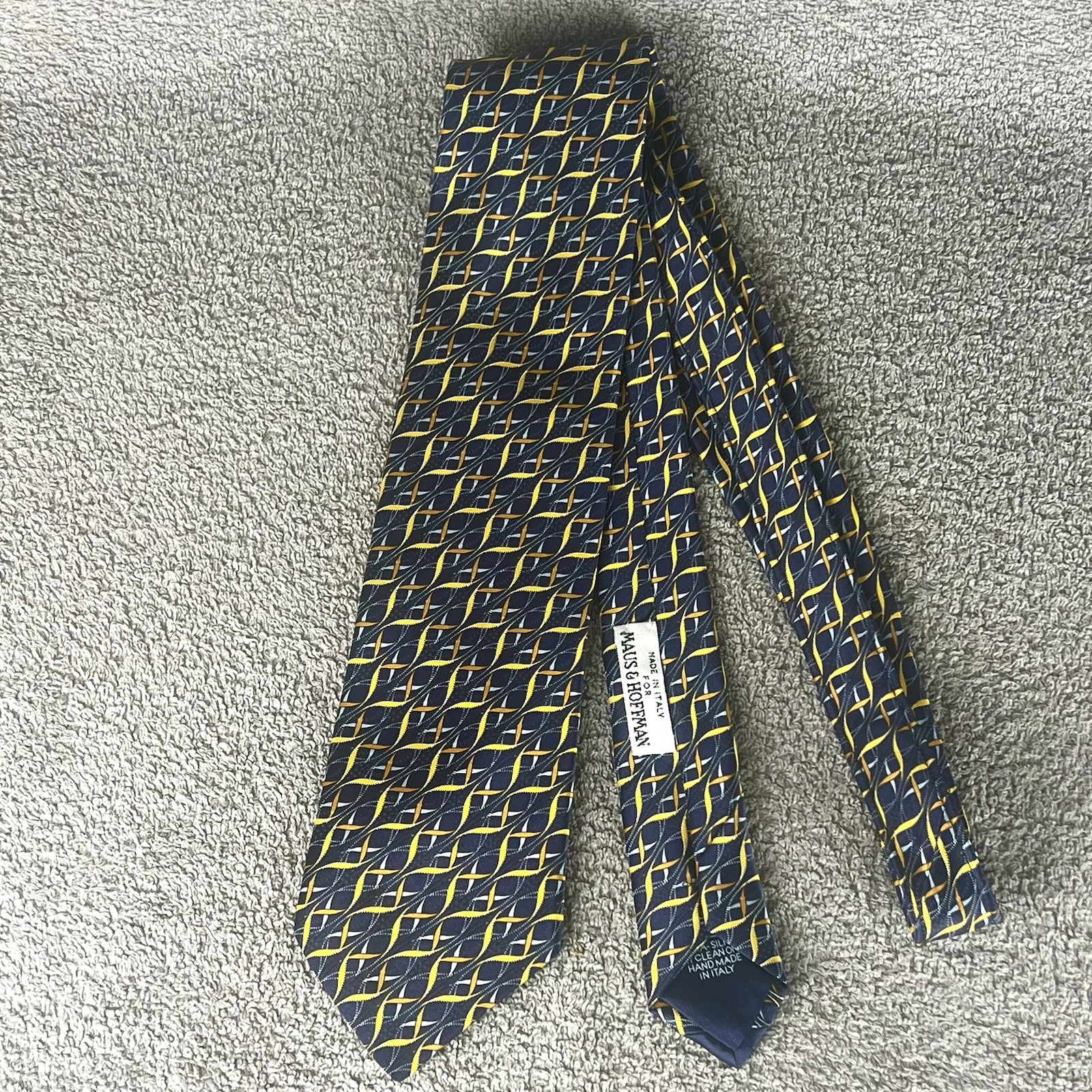 Italo Ferretti Italy Maus & Hoffman Navy, Blue, Gold, Copper Silk Tie 64” Long