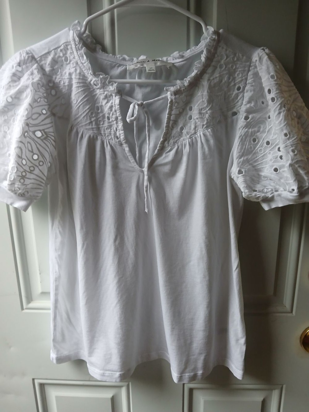 Chelsea & Theodore White Eyelet Tie-Front Peasant Top
