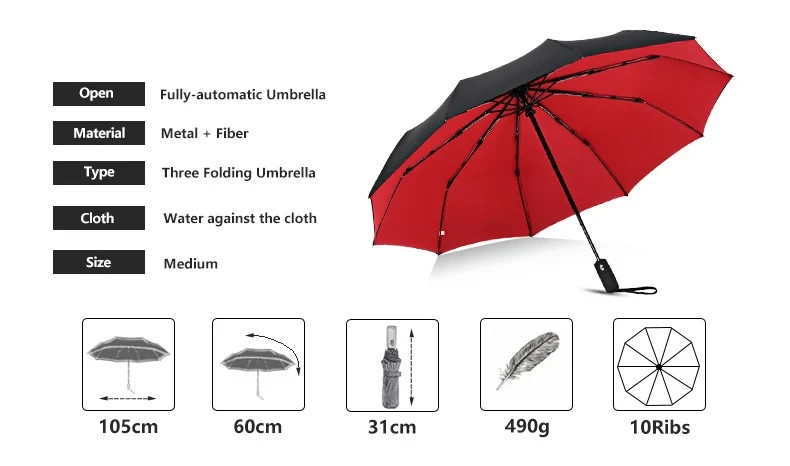 Strong Windproof Compact Umbrella One Click Automatic Open 3 Fold Rain Travel
