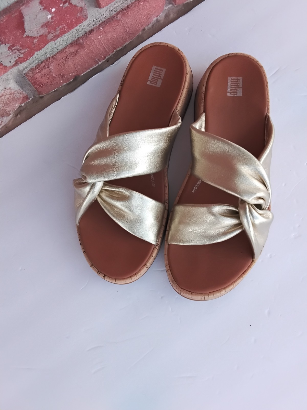 FitFlop F-Mode Twist Platform Gold Leather Slide Sandals US 10 Eu 42