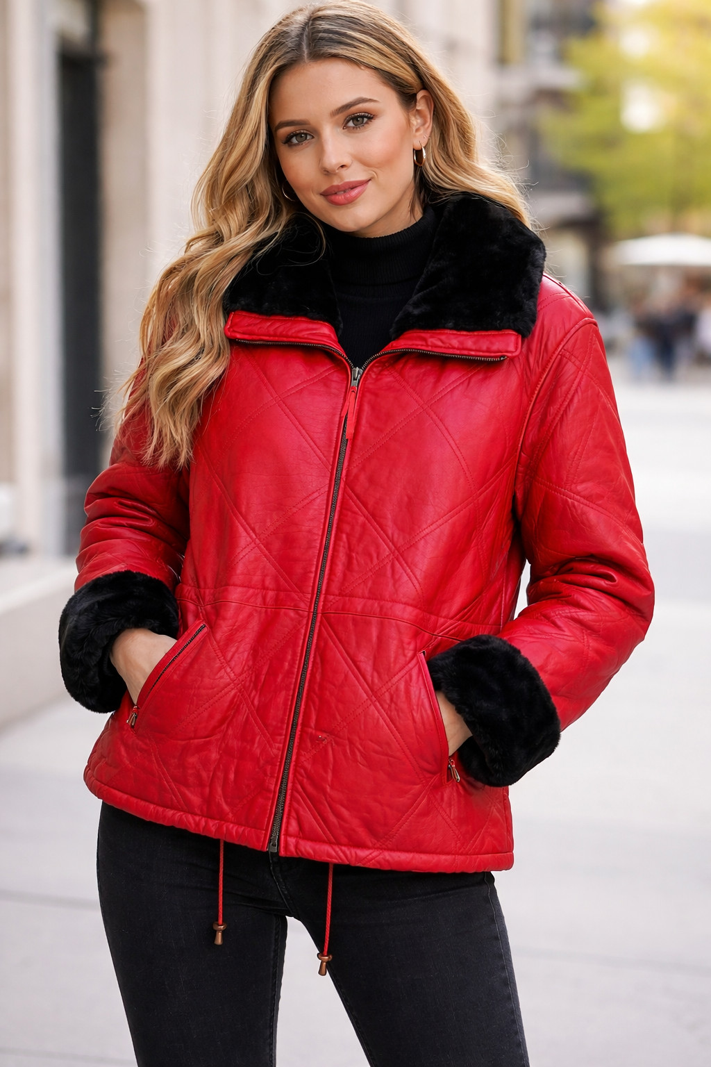 NWT Jacqueline Ferrar Red Quilted Leather Coat Jacket Black Fur Trim Womens L