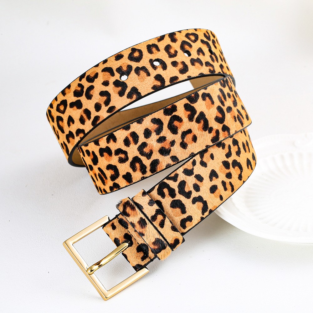 Women Leopard Fur Leather Belt Gold Square Buckle Wide Adjustable Waist Strap