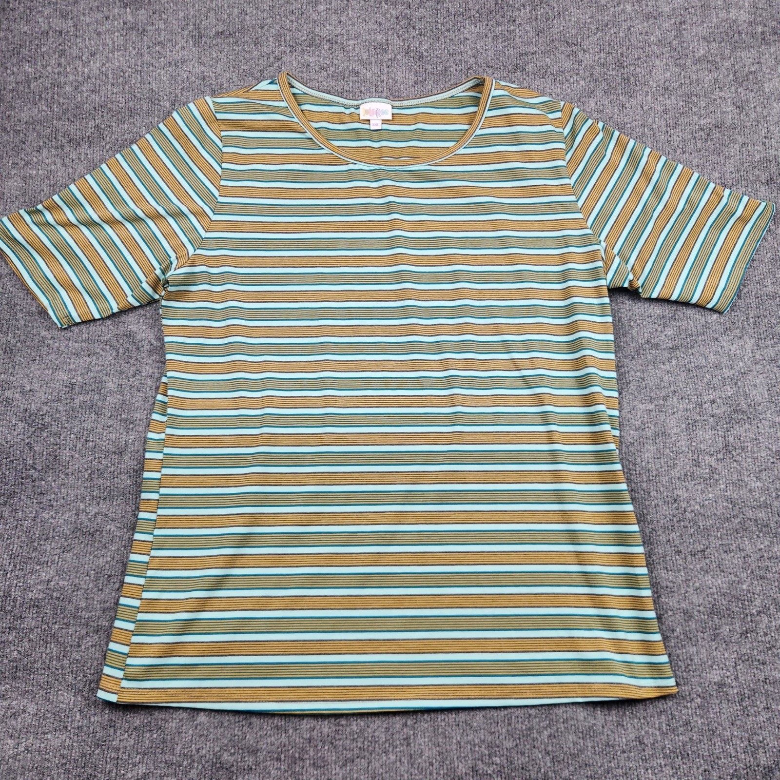 LuLaRoe Christy Top Womens 3XL Teal Yellow Striped Short Sleeve Crew Neck Tee