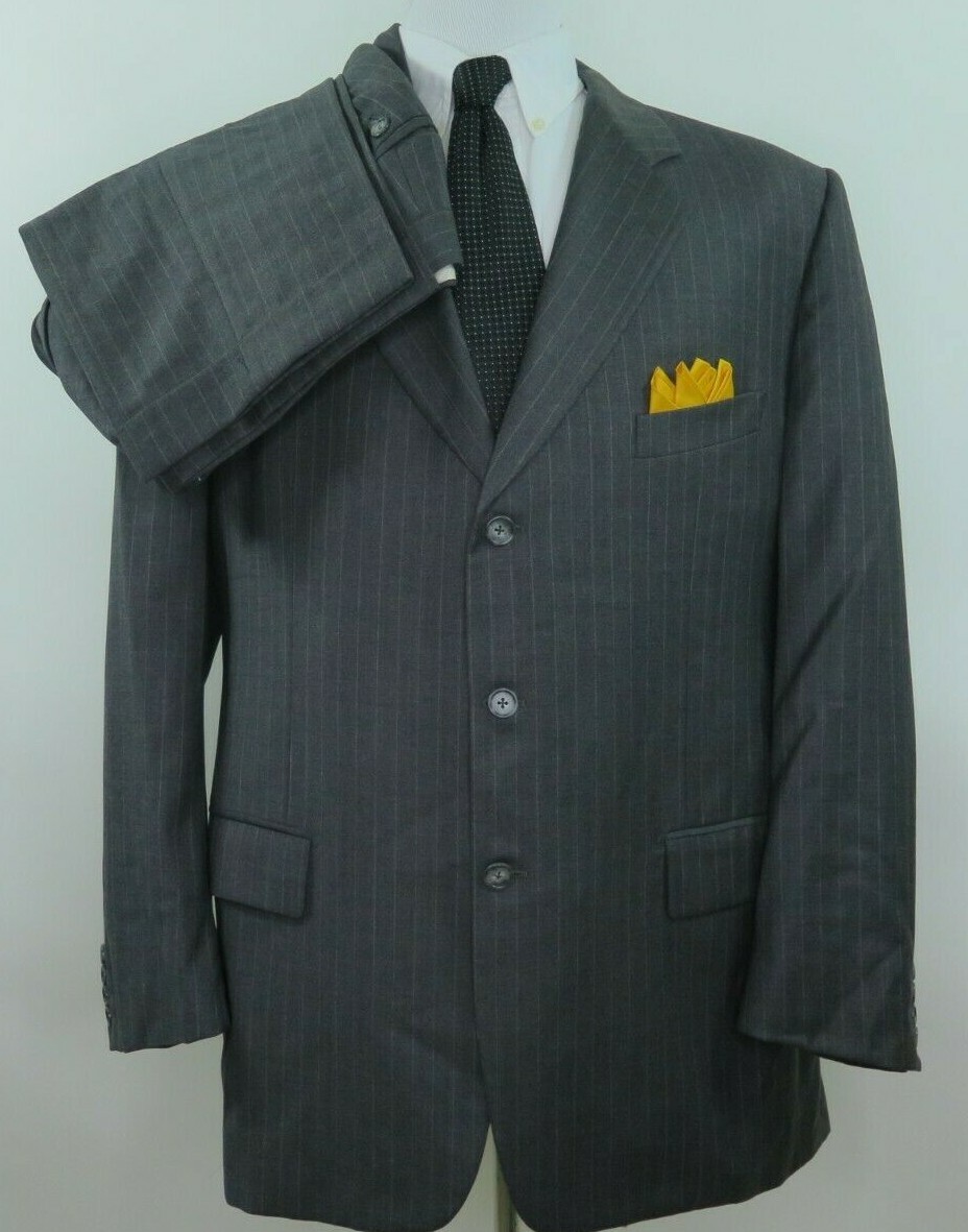 Corneliani Saks 5th Pure Wool Gray Striped Two Piece Italian Men Suit 39×30 44 R