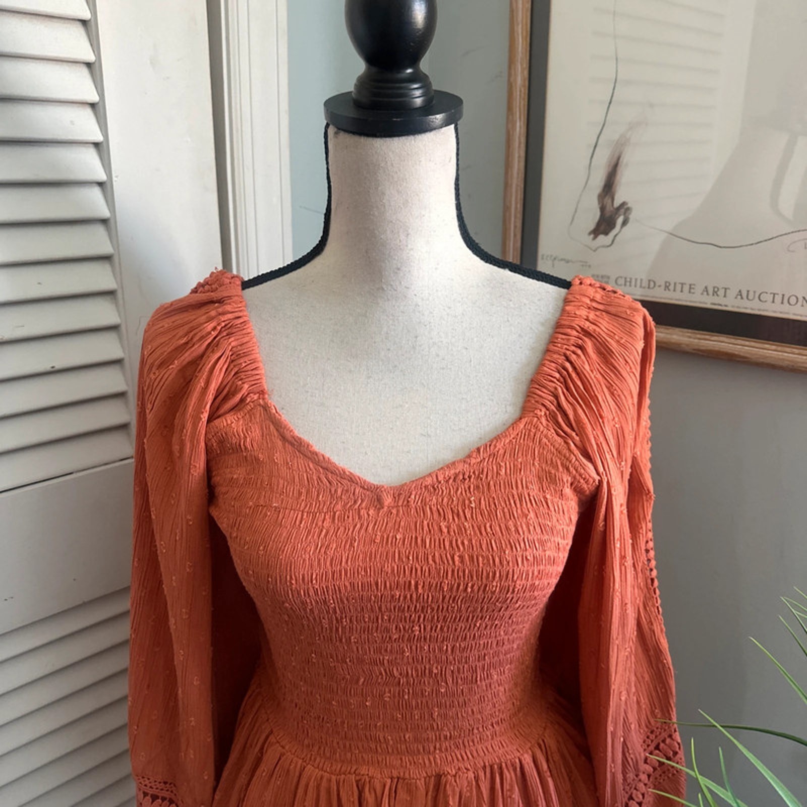 Vintage Nostalgia Top Medium Rust Orange Smocked MilkmaidRetro Y2K Boho