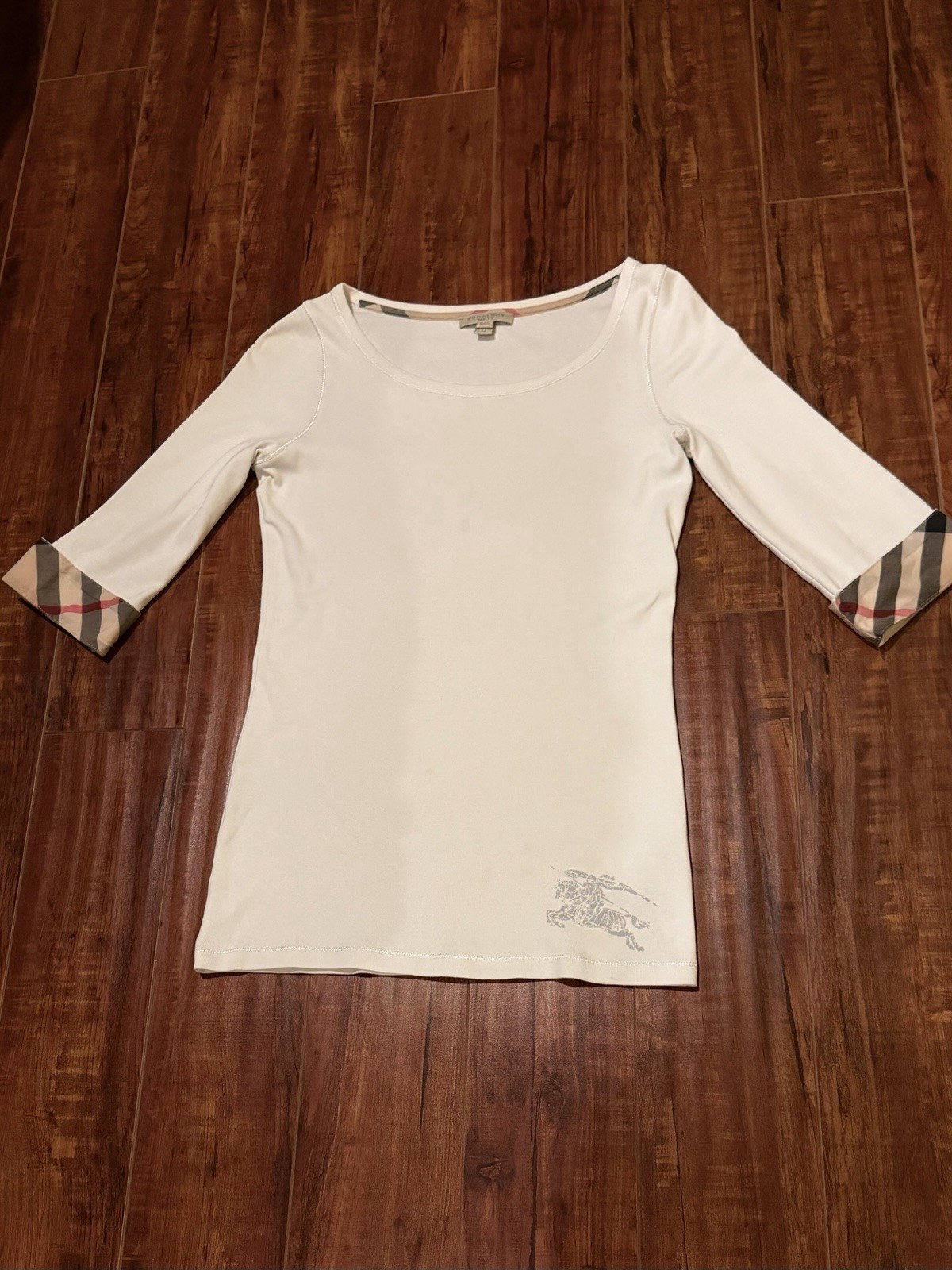 Burberry Brit Nova Check Cuff 3/4 Scoopneck Women White Top – Size Medium