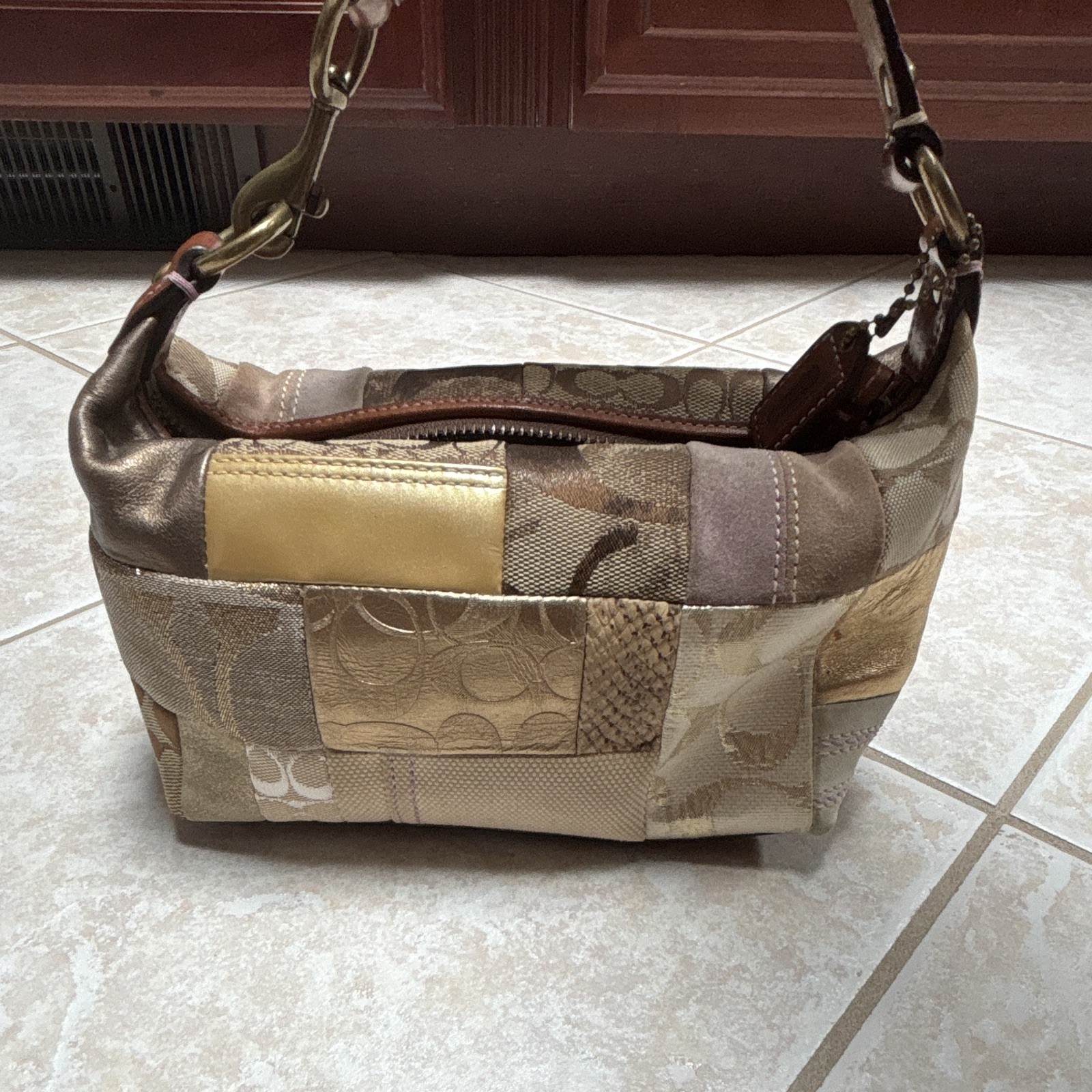 Vintage Coach Patchwork Logo Shoulder Bag Gold Brown Beige Purple Small Designer