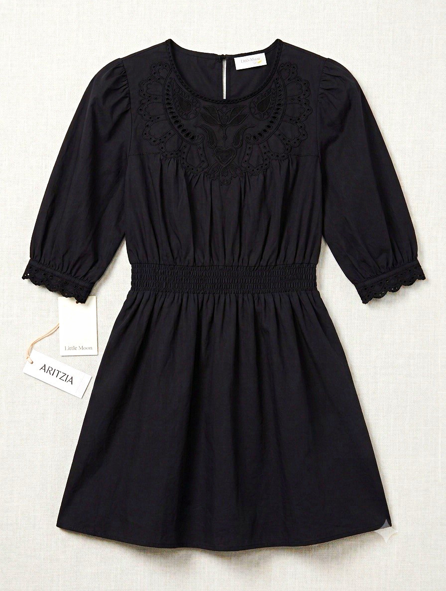 Aritzia Women’s Black Solid Short A-Line Dress 3/4 Sleeve Eyelet Smocked M