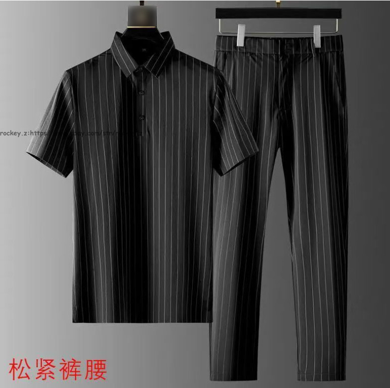 New Summer Ice Silk Mens T-Shirt+Pants Sets Short Sleeve Stripe Thin Outfits Set