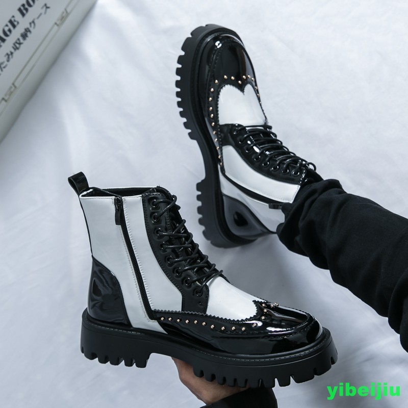 New Men’s High Top Platform Studded Ankle Boots Wing Tip Brogue Colorblock Shoes