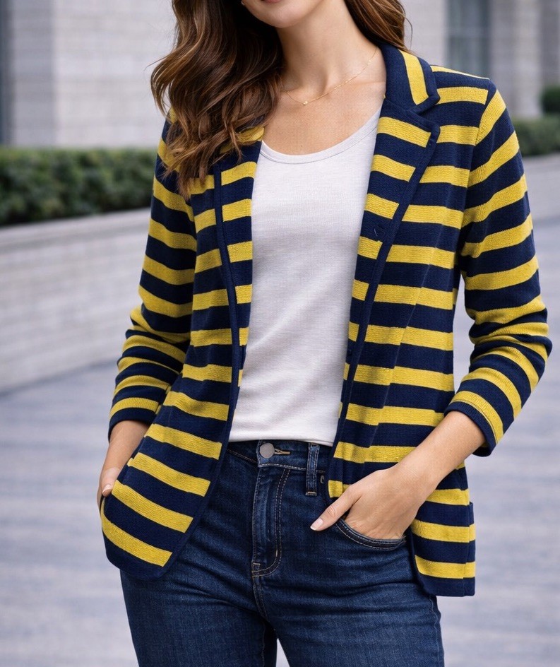 Audrey & Grace 100% Cotton Striped Cardigan Sweater Navy Yellow Collared S