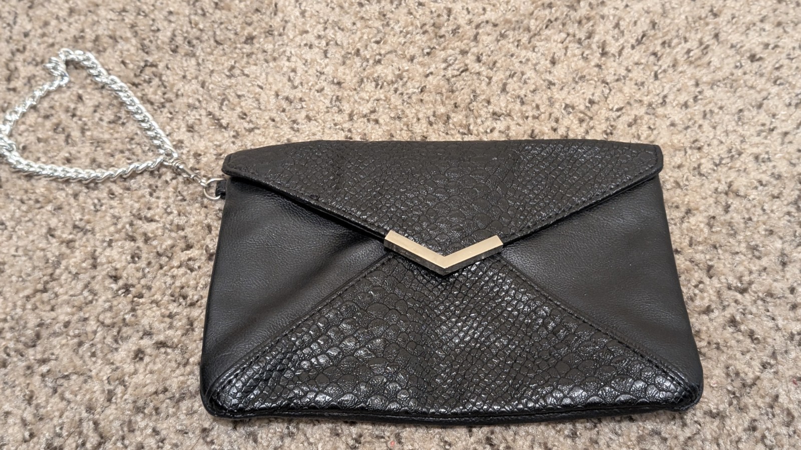Express Black Envelope Clutch Silver Chain Strap Magnetic Closure Lined