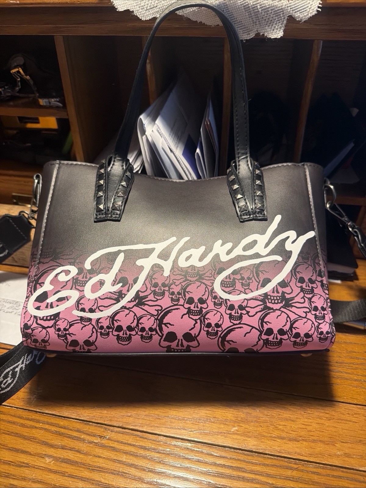 Ed Hardy Black and Pink Skull Shoulder Bag