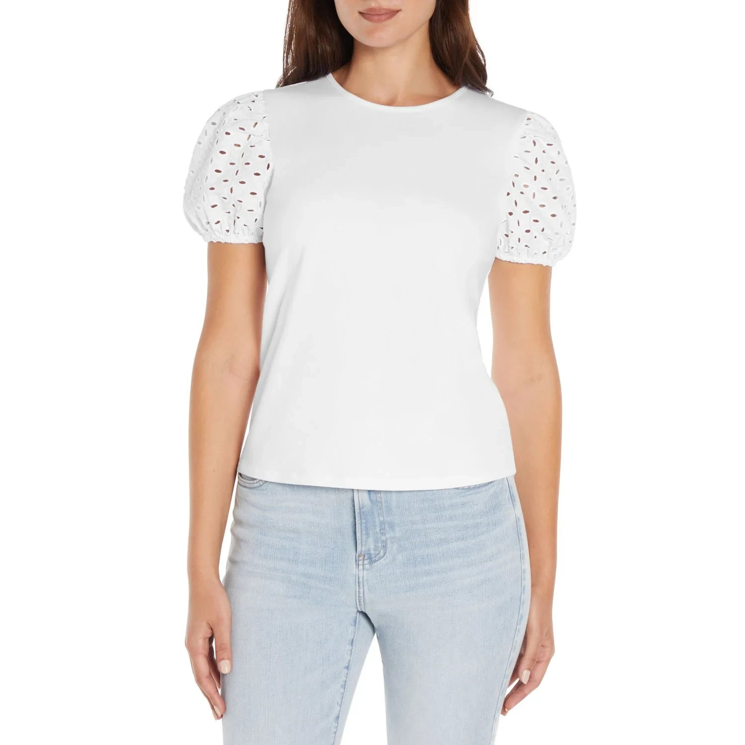 Women’s Express Puff Sleeve Eyelet Lace Top White