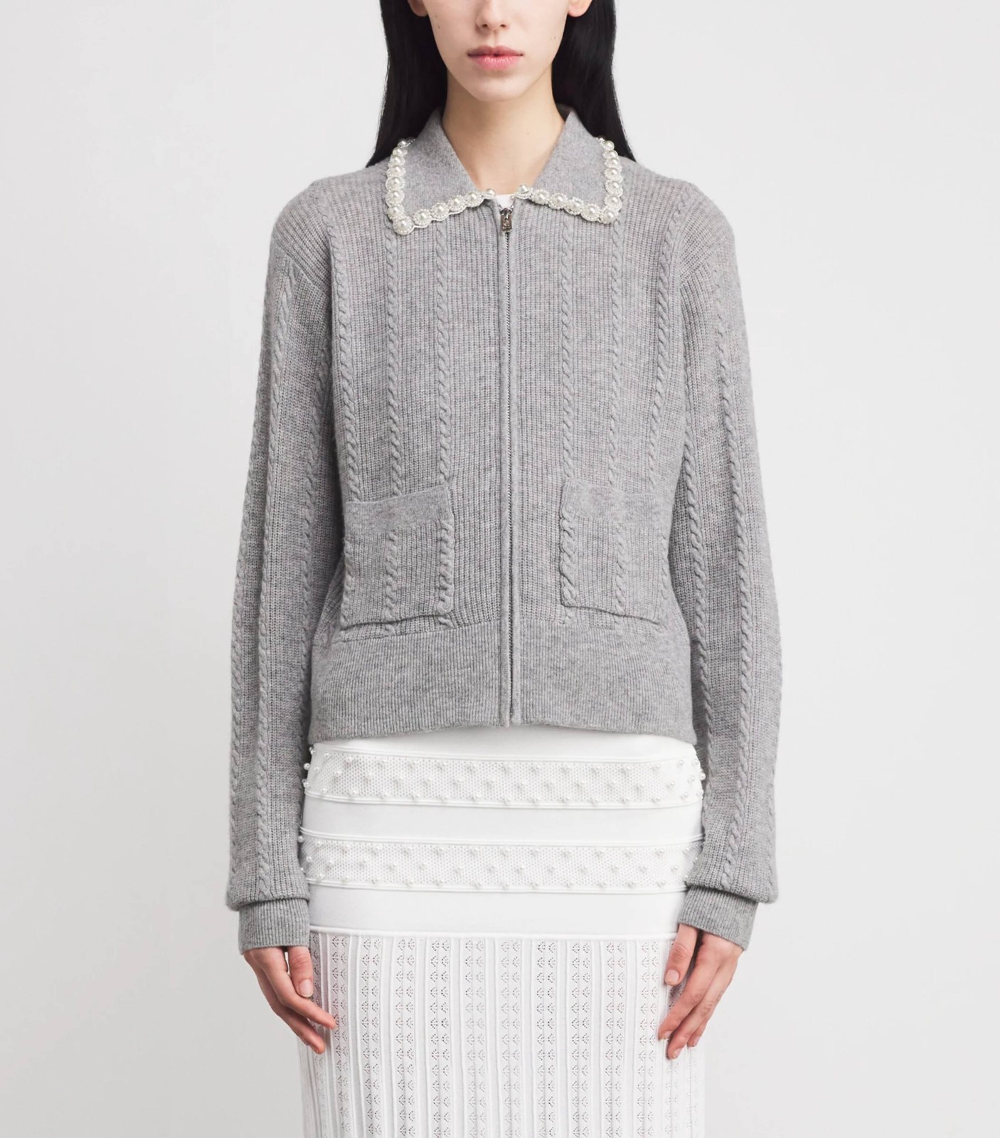 Sandro pearl-embelished cable-knit cardigan womens 2 size grey