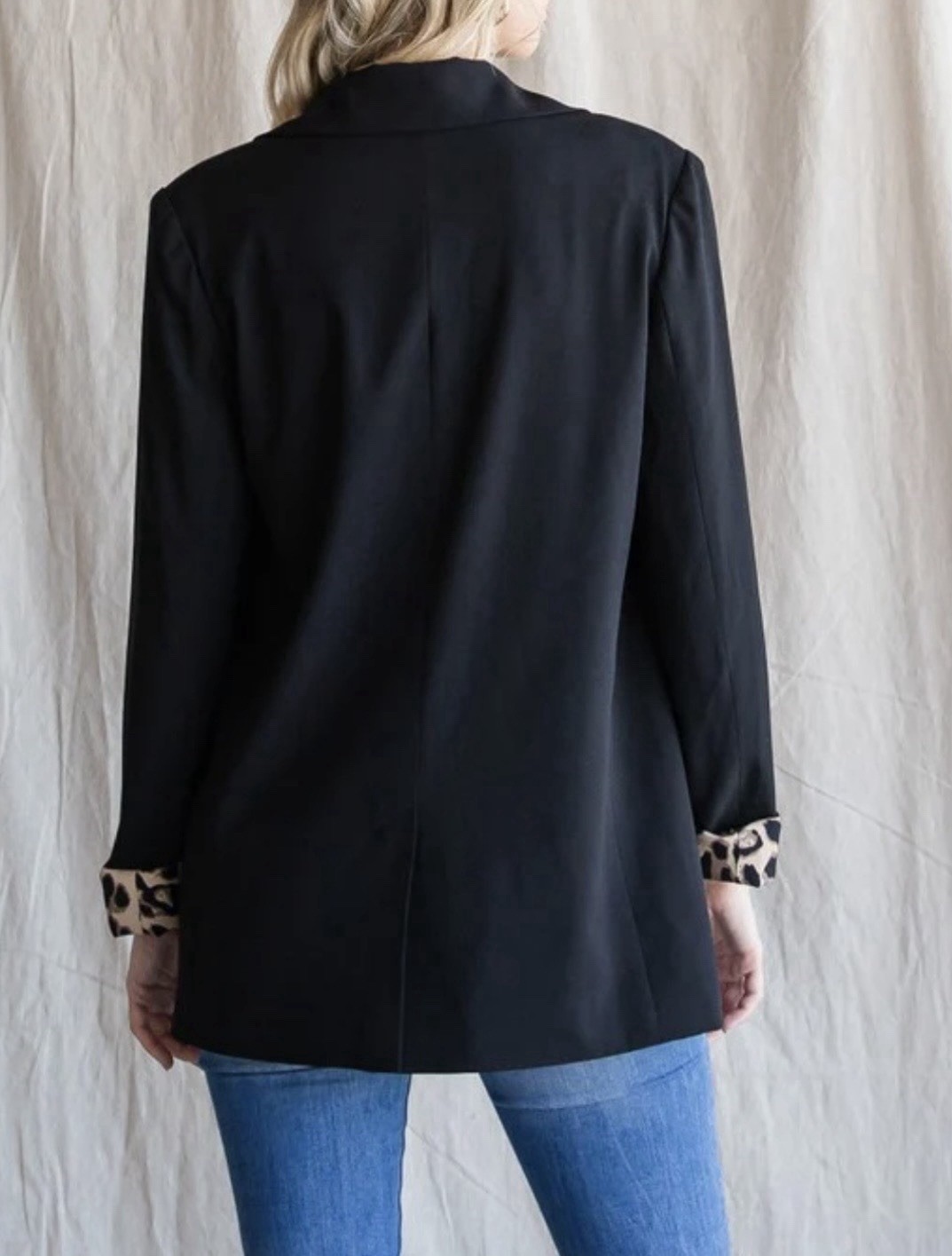 JODIFL Black Single Button M Blazer Leopard Lining Office Casual Every Day Chic